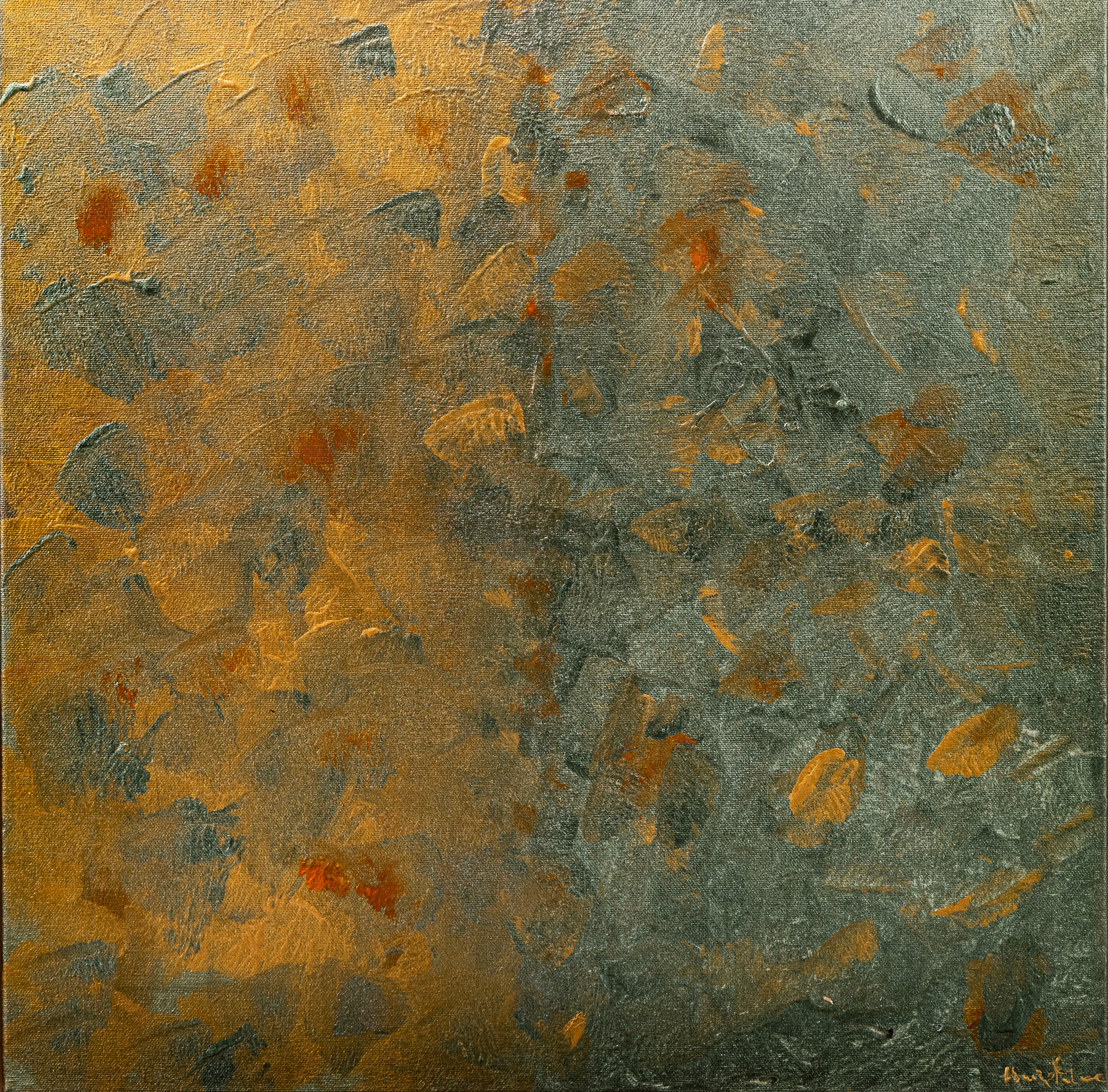Pittura materica astratta con ana danza di colori acrilici nella tonalità del verde e oro che si fondono gli uni con gli altri, acrilico su tela, Contrasto