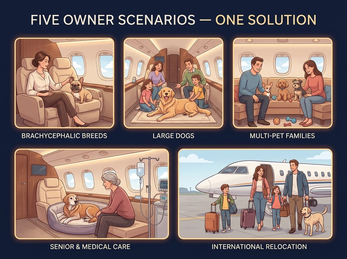 Pet charter scenarios — brachycephalic large dog multi-pet senior relocation private jet solutions