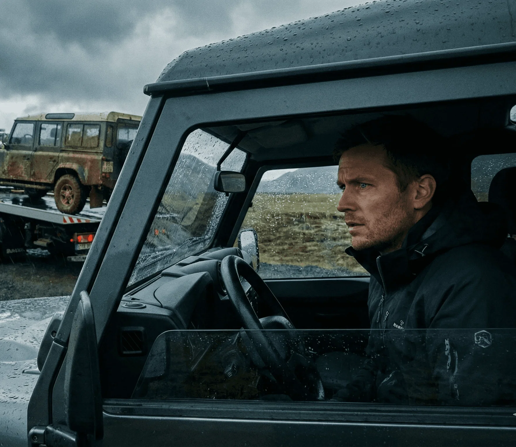 View from inside a vehicle of a man driving in rainy weather.