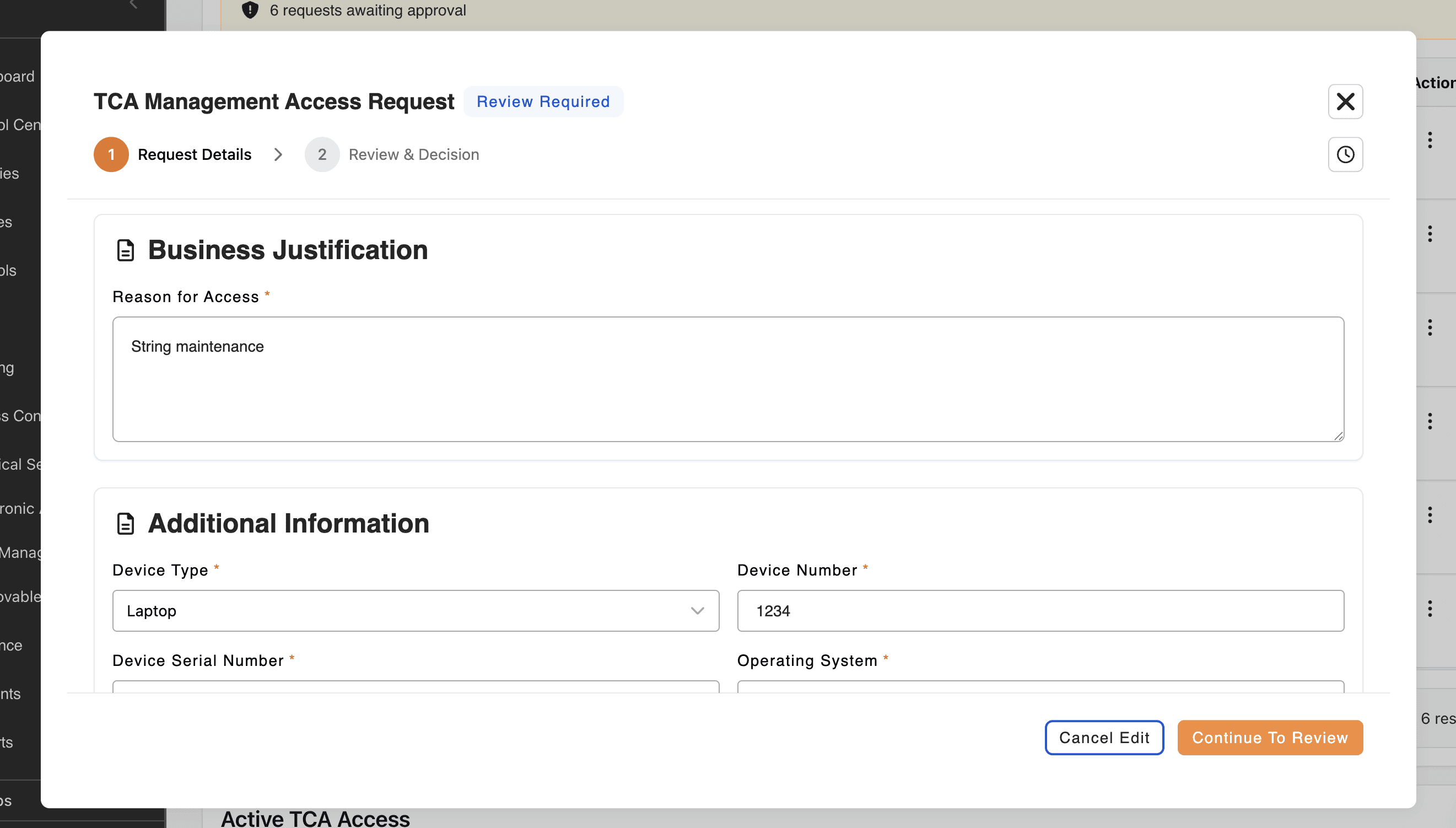 Edit TCA access request in review