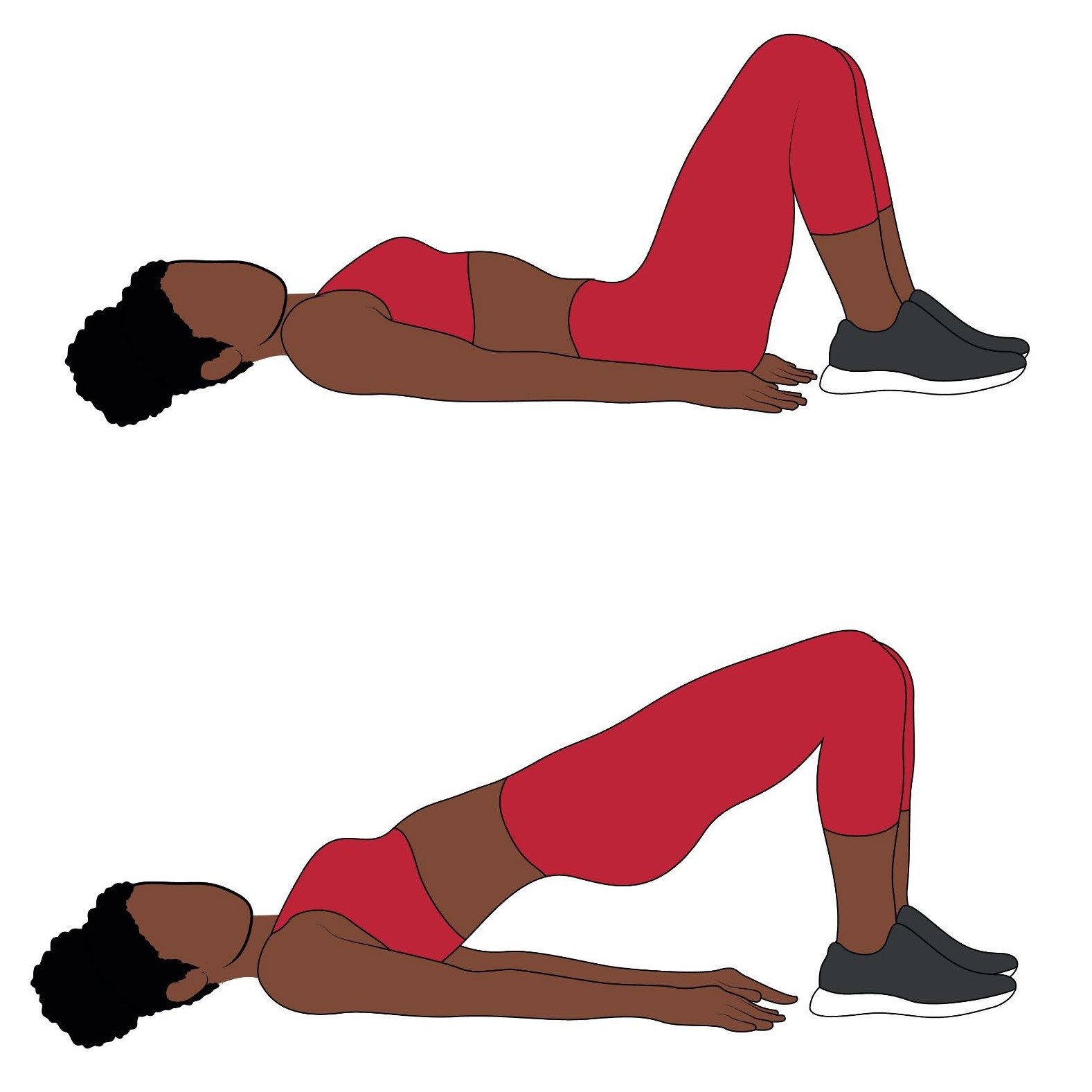 An illustration of a person performing a glute bridge exercise, showing the transition from lying flat with knees bent to lifting the hips off the ground.