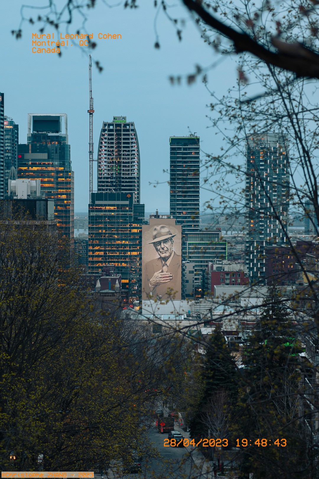 Fresque géante de Leonard Cohen visible entre les gratte-ciel de Montréal.
