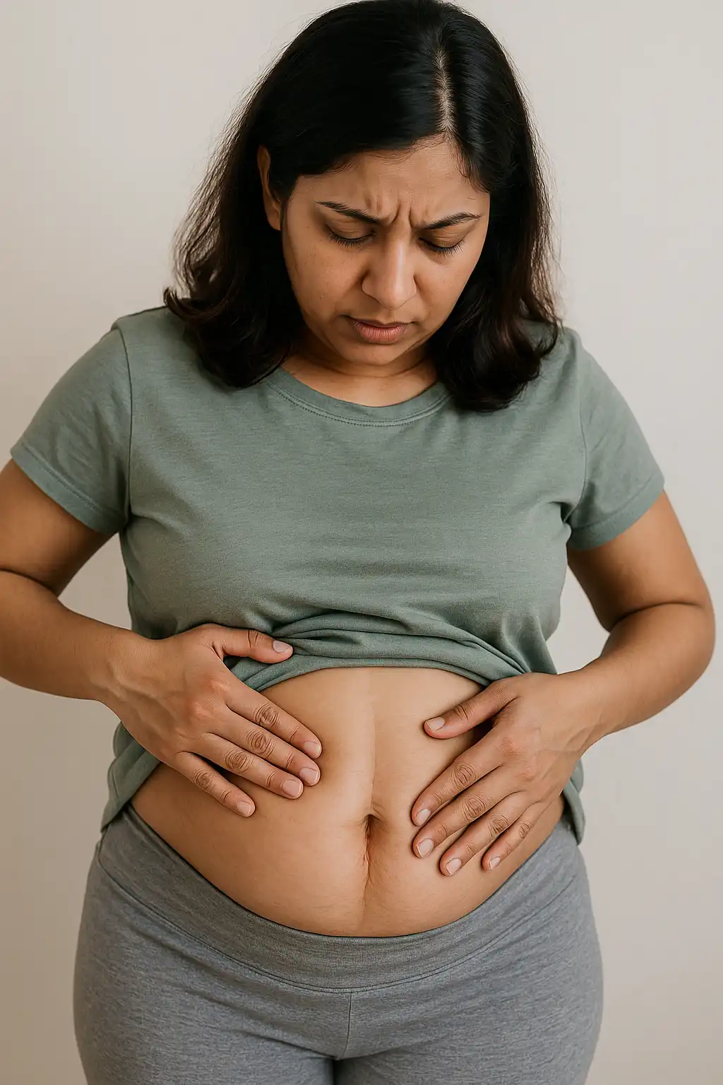 Woman examining her abdomen with visible midline bulge, showing symptoms of diastasis recti and postpartum core weakness.