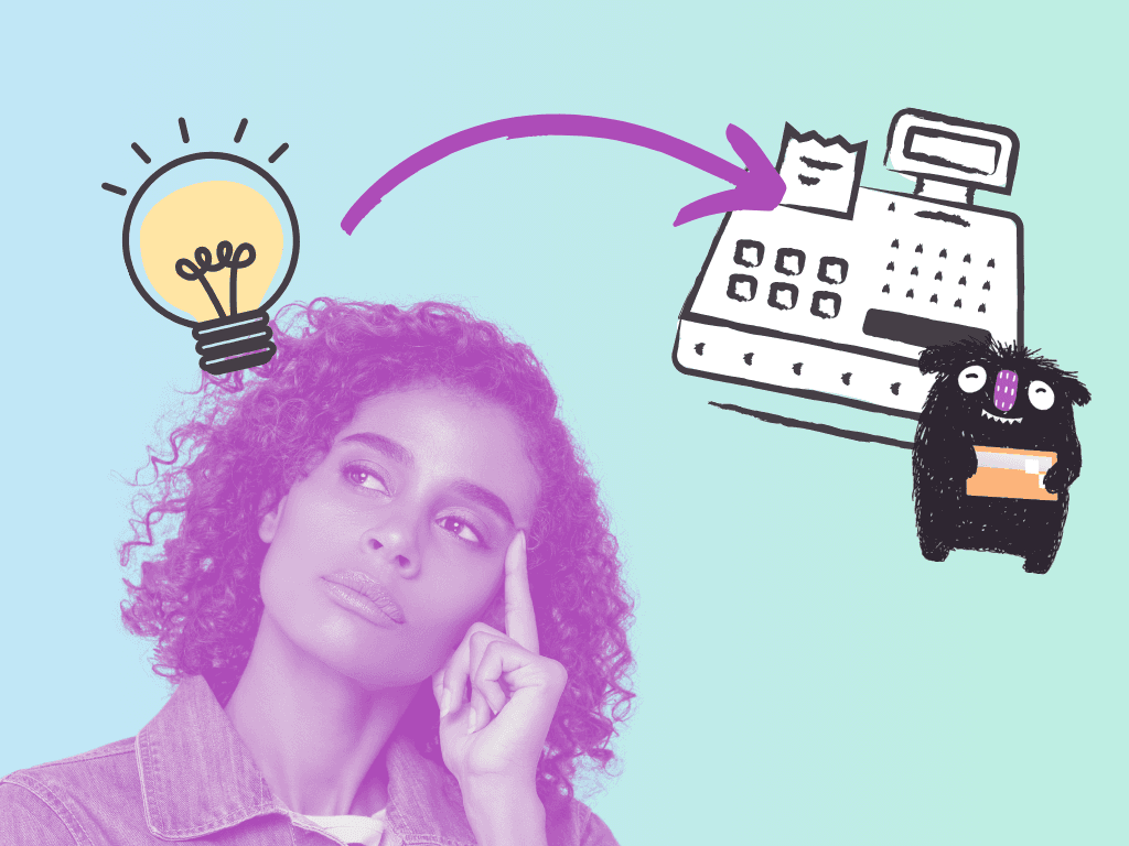 Illustration of a woman deep in thought with a light bulb icon symbolizing an idea next to her head. An arrow points from the light bulb to a cash register, which is accompanied by a monster cartoon character named Iggy holding a credit card. The background is a gradient of blue and green, suggesting the process of turning an idea into a digital product for sale.