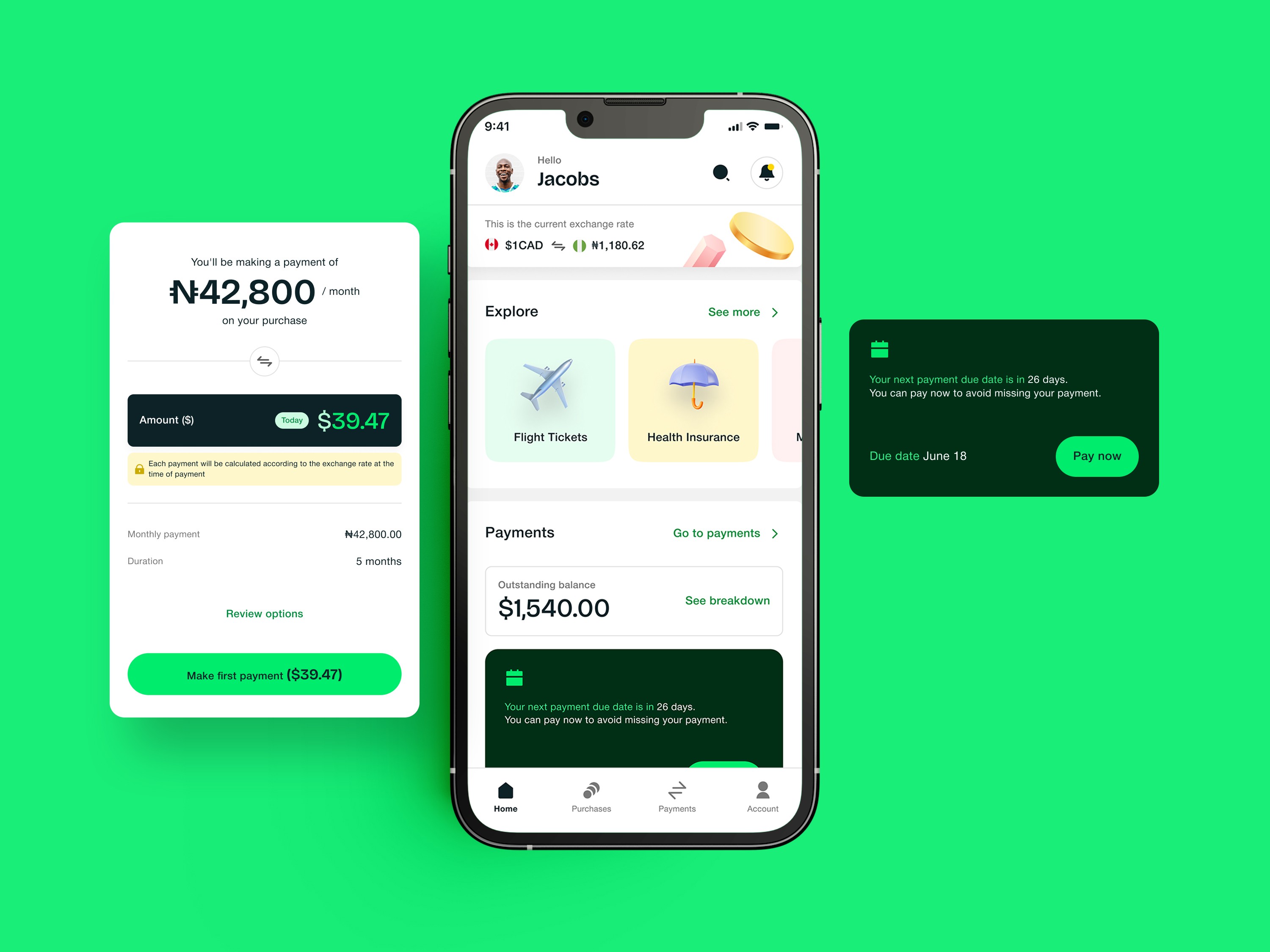 Case study thumbnail: Home screenshot of Borderless Finance mobile app