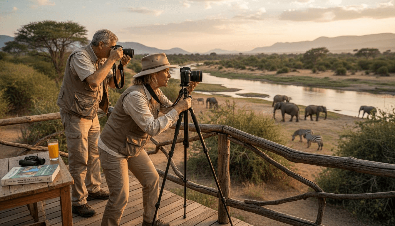 Amantes de los viajes exclusivos alistan sus cámaras fotográficas en un lodge de lujo.