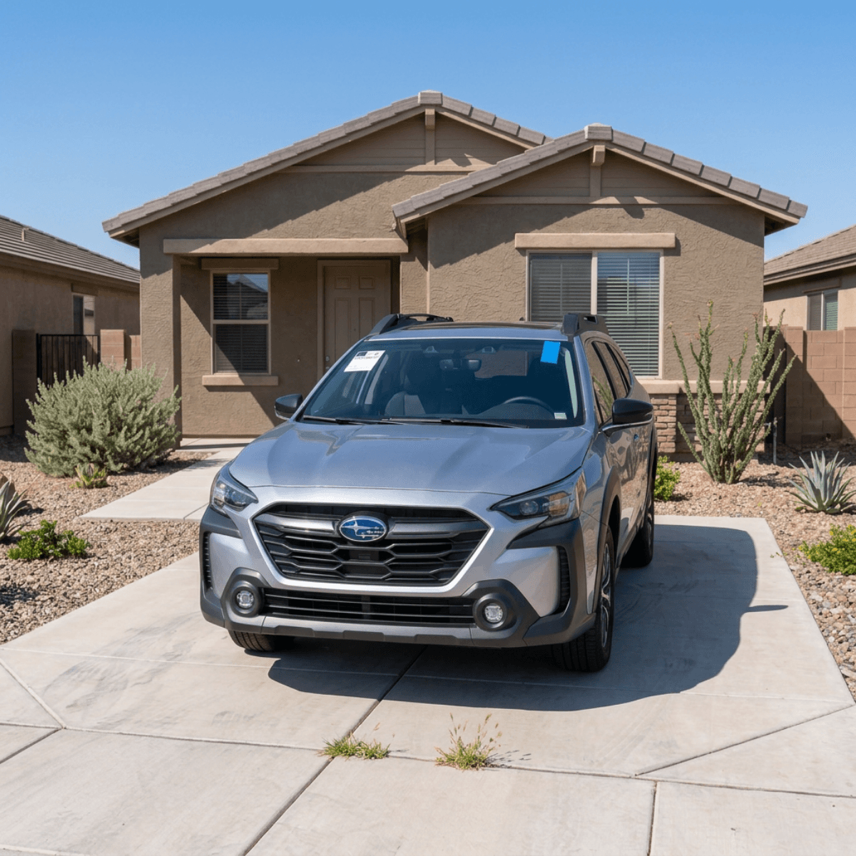 Gray Subaru Outback Wilderness edition with a crisp new windshield outside a Flagstaff, Arizona home