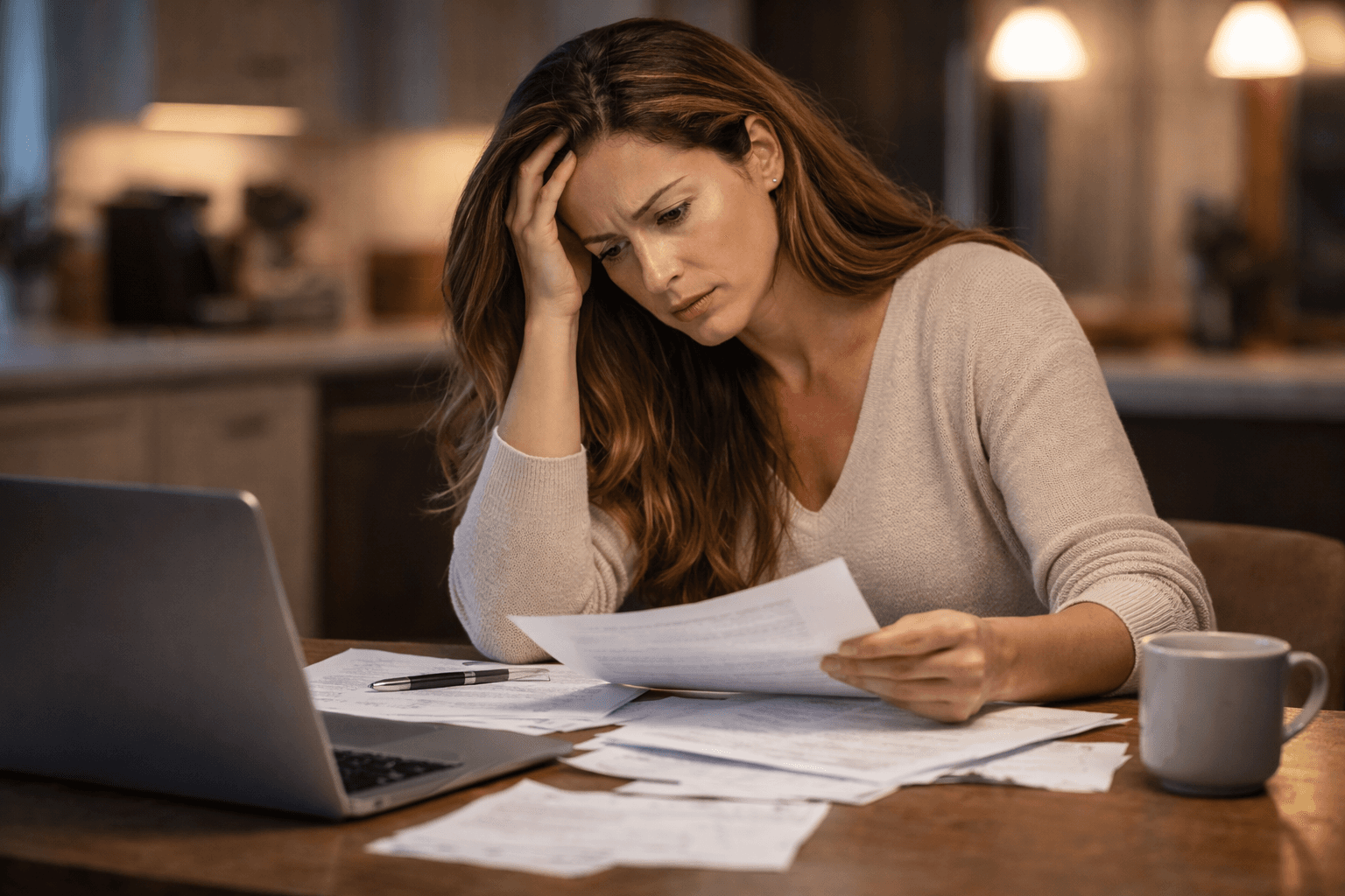 Woman sitting at kitchen table overwhelmed by legal documents, representing the stress of divorce and financial hardship faced by Essex County families