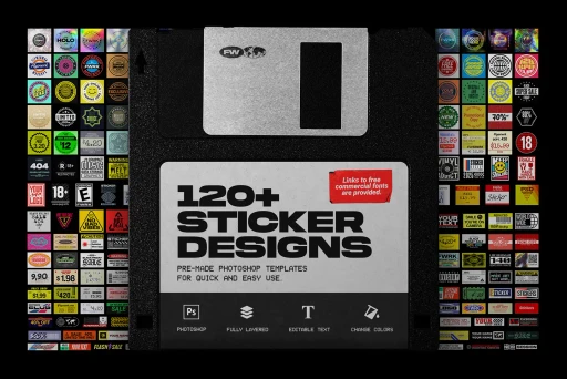 Over 120 sticker design templates on a floppy disk background with fully layered Photoshop features