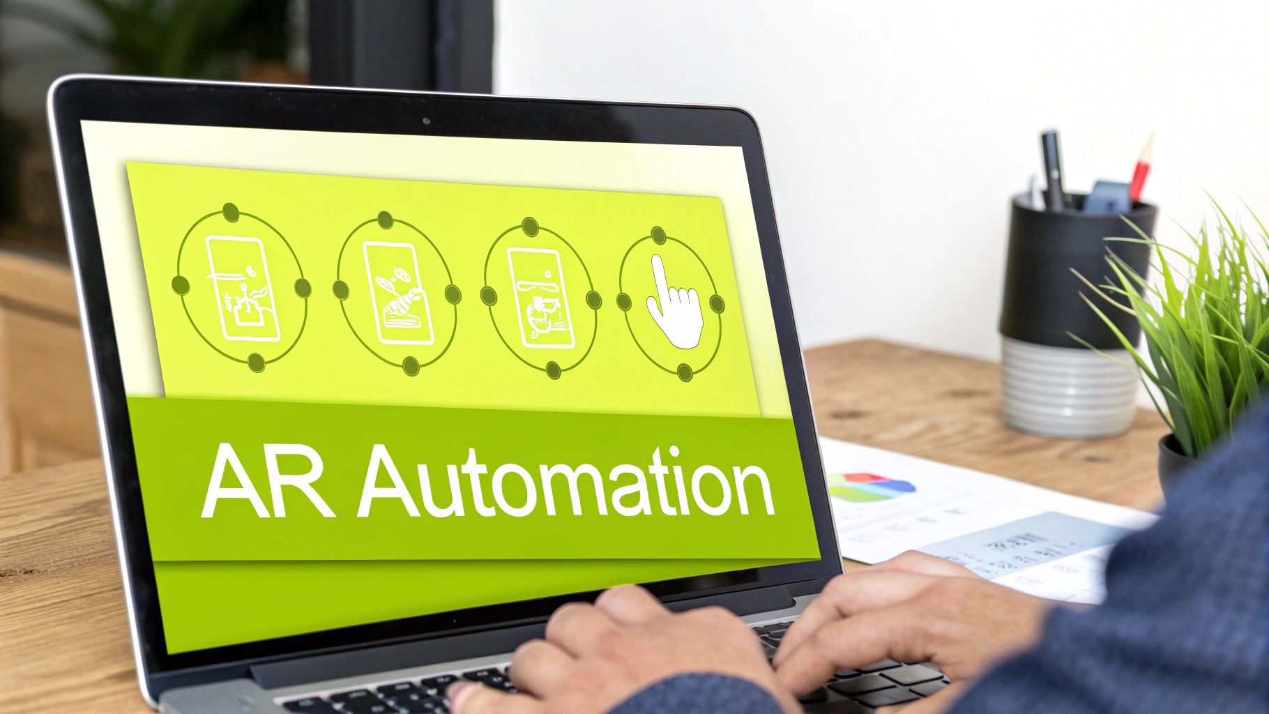 A person types on a laptop displaying 'AR Automation' text and augmented reality mobile app icons.