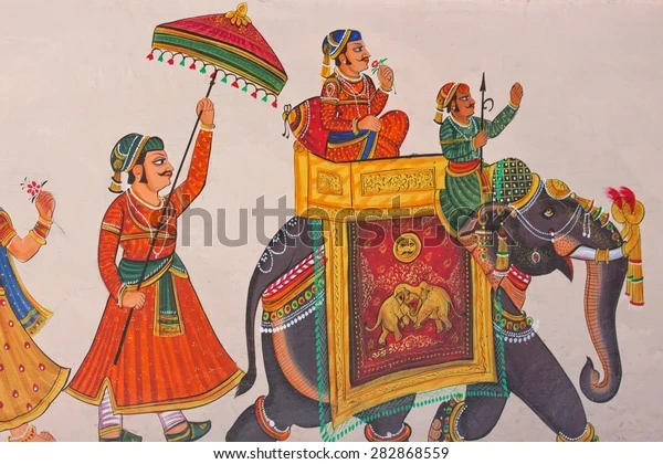 Jaipur miniature painting with a royal procession going on an elephant.