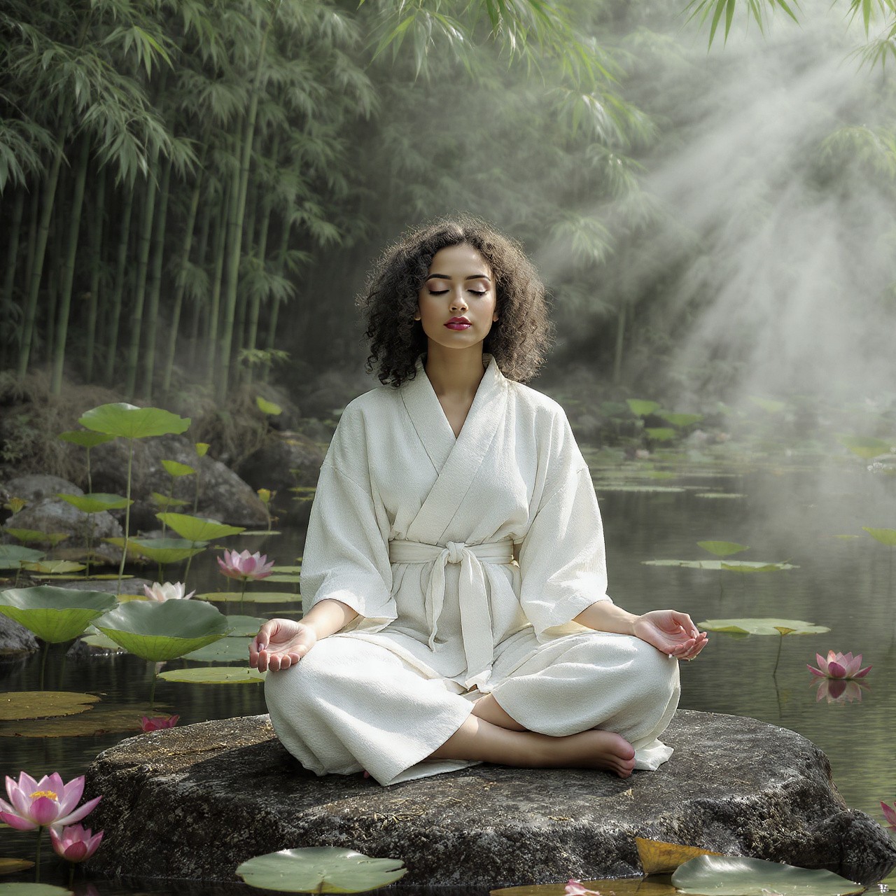 A woman in a white robe meditates on a stone surrounded by a serene pond with pink lotus flowers. Bamboo and mist create a calm, tranquil atmosphere.