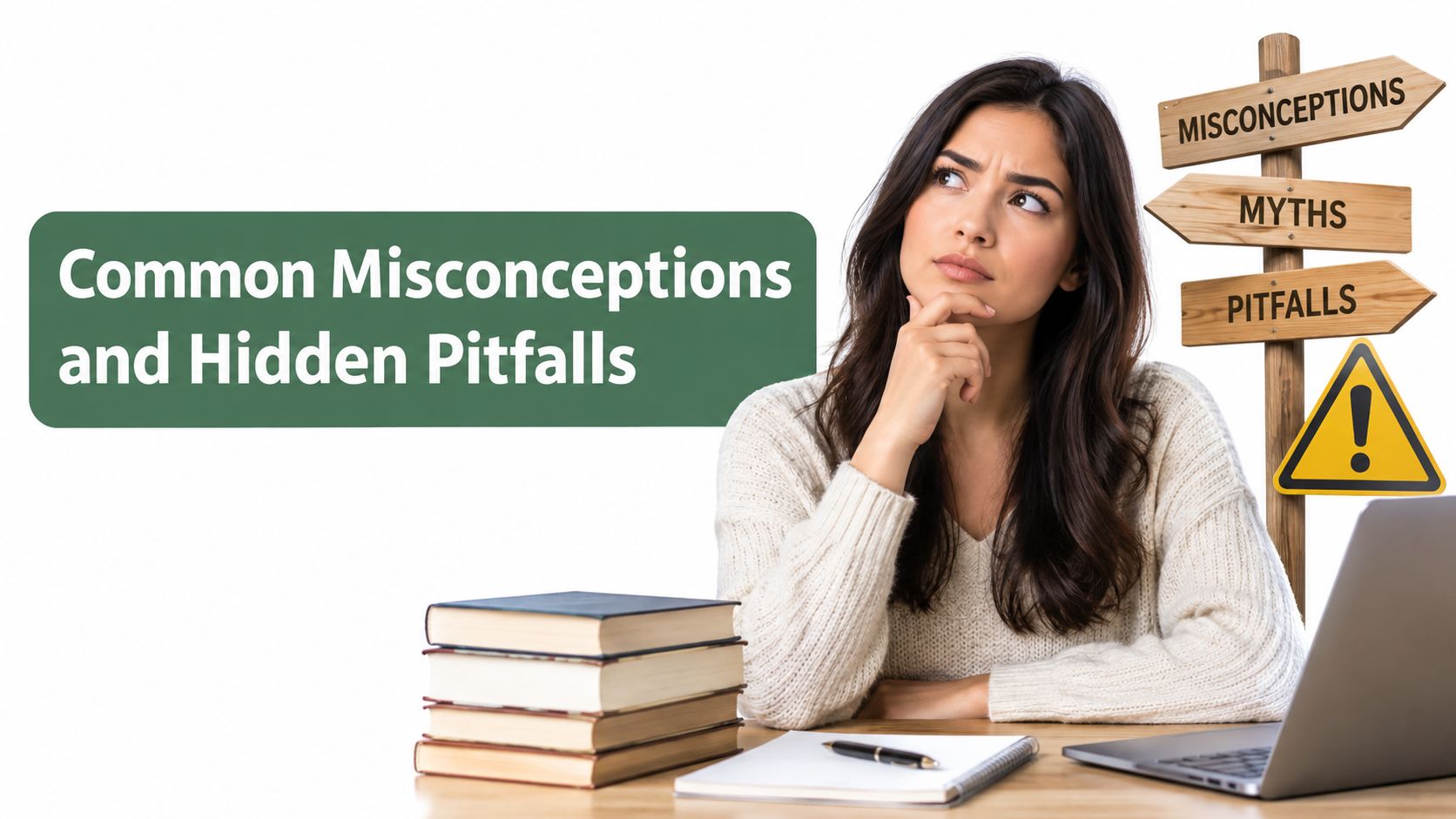A pensive woman sits at a desk with books and a laptop, contemplating common misconceptions and pitfalls.
