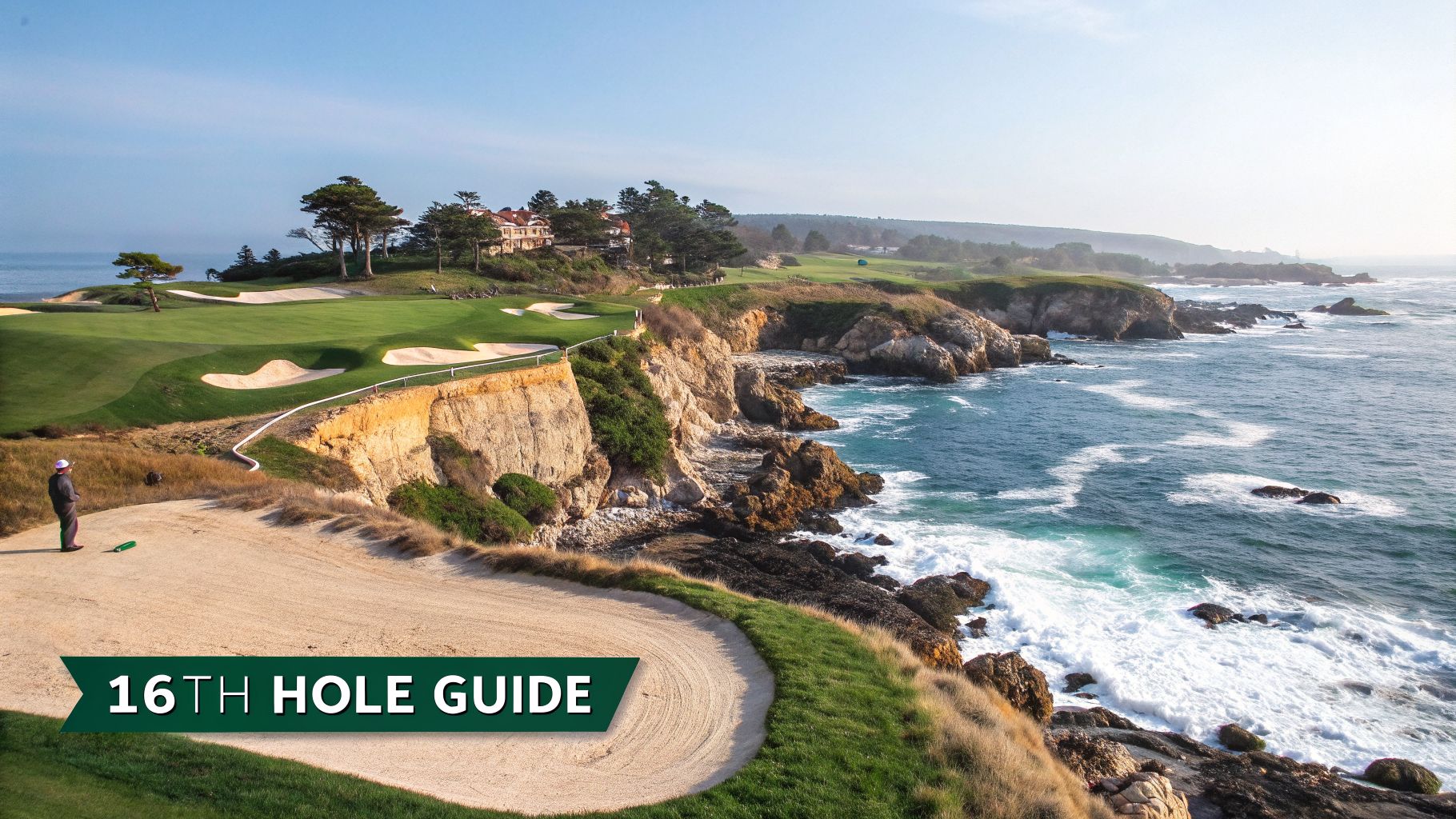 A golfer on a tee box overlooking a beautiful ocean golf course with cliffs and a distant building.