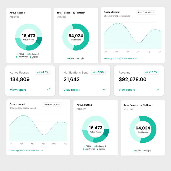 Passform analytics dashboard showing pass metrics, active passes, revenue, and engagement data