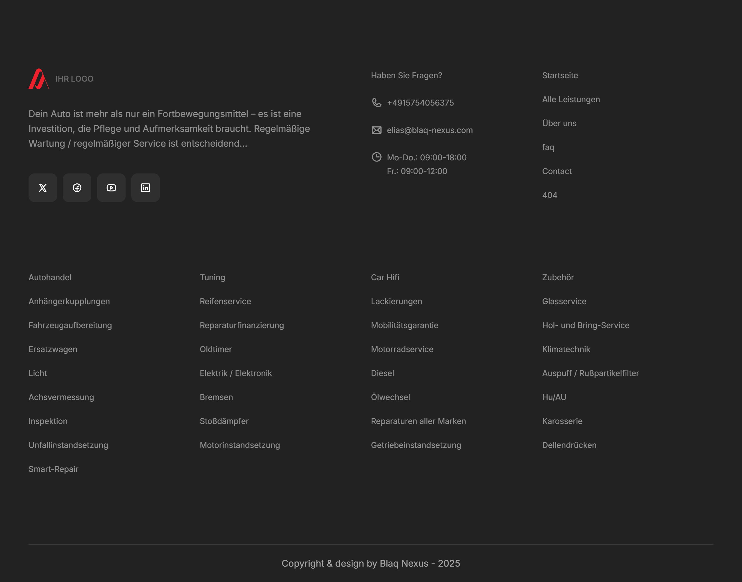 der footer einer website für eine autowerkstatt
