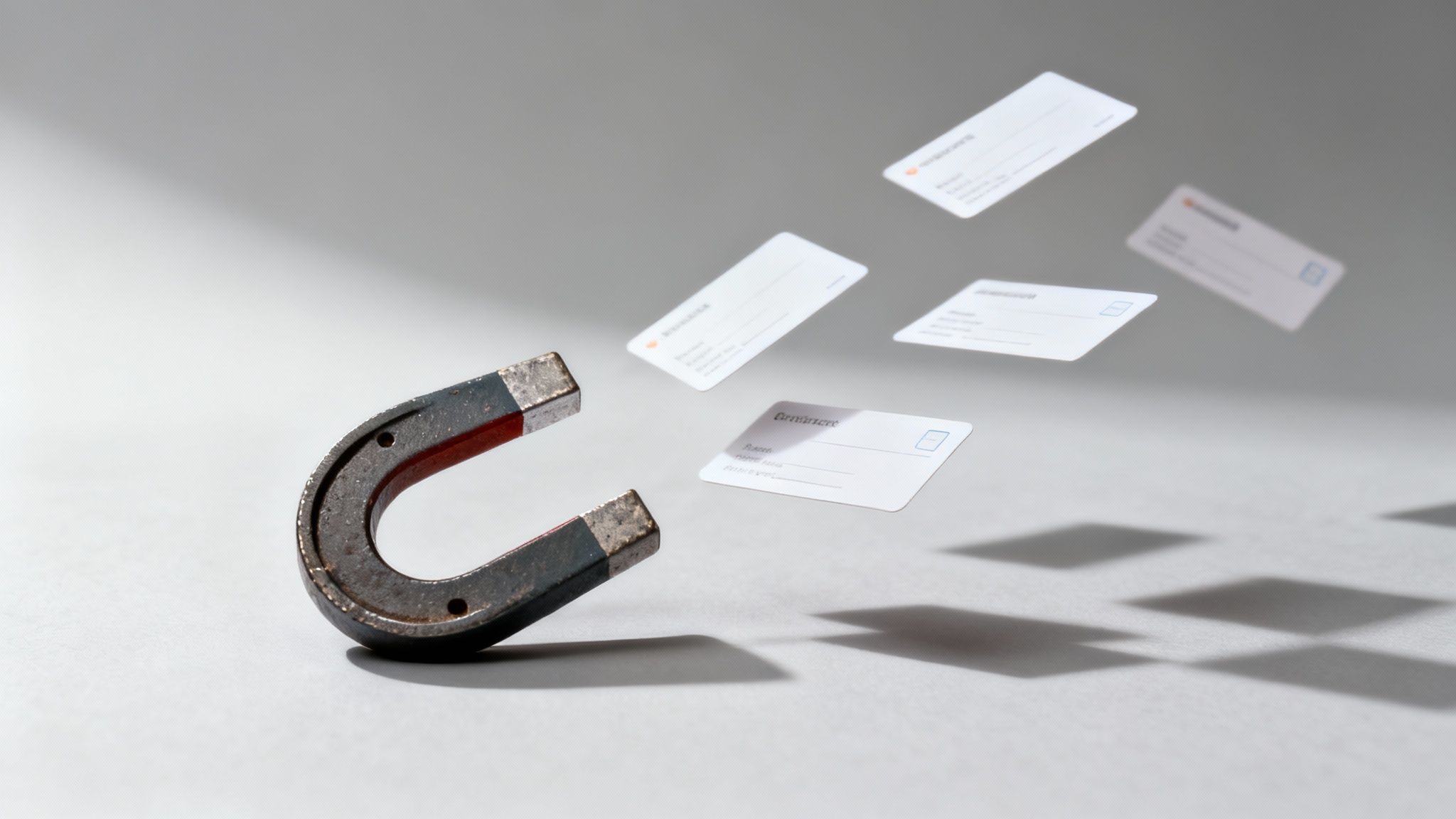 A horseshoe magnet attracting several white cards floating in the air, symbolizing data or lead attraction.