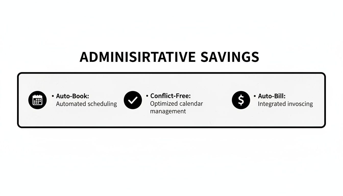 Image illustrating administrative savings through automated scheduling, conflict-free calendar management, and integrated invoicing features.