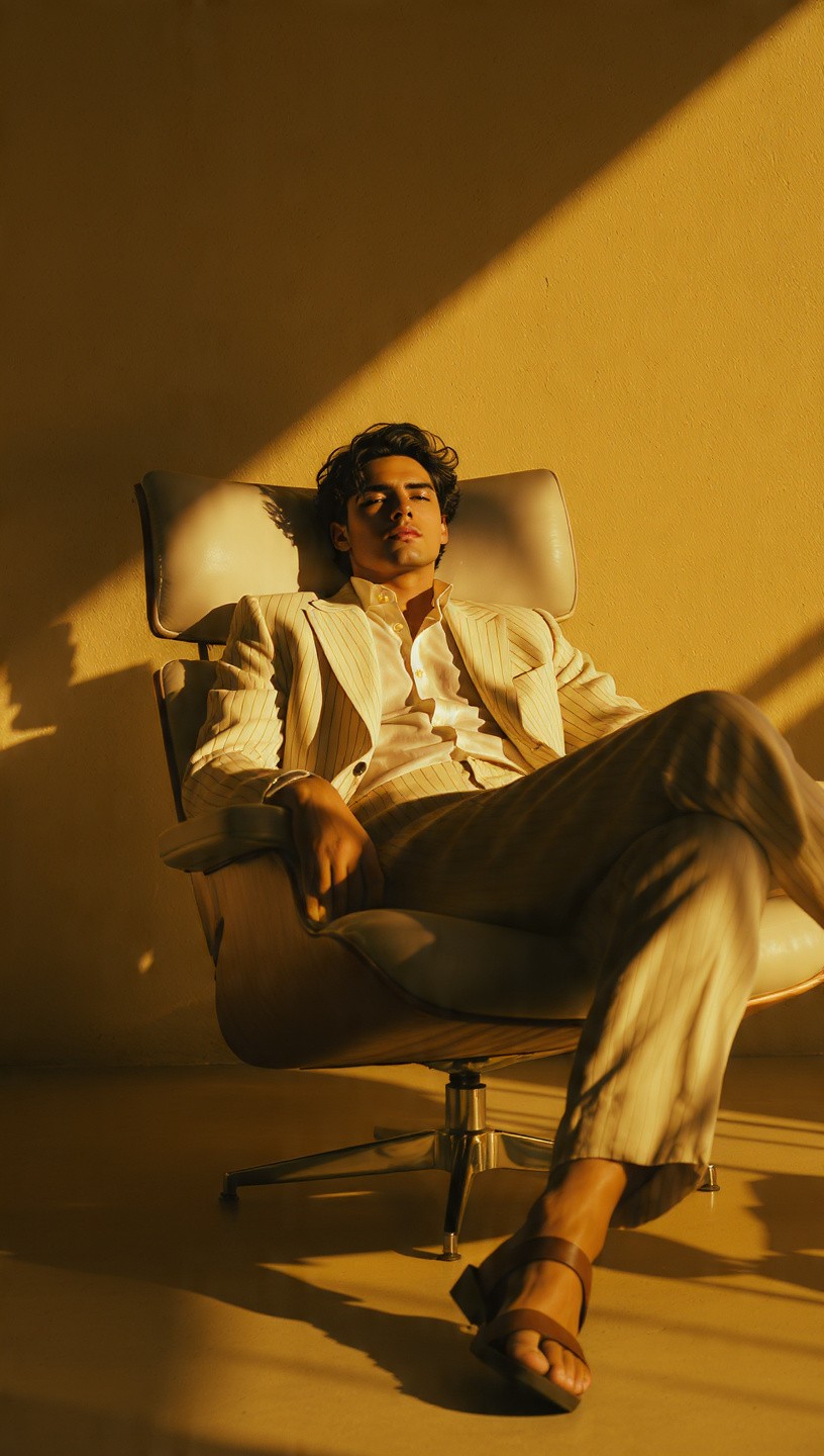 A man in a pinstripe suit reclining in a modern chair.