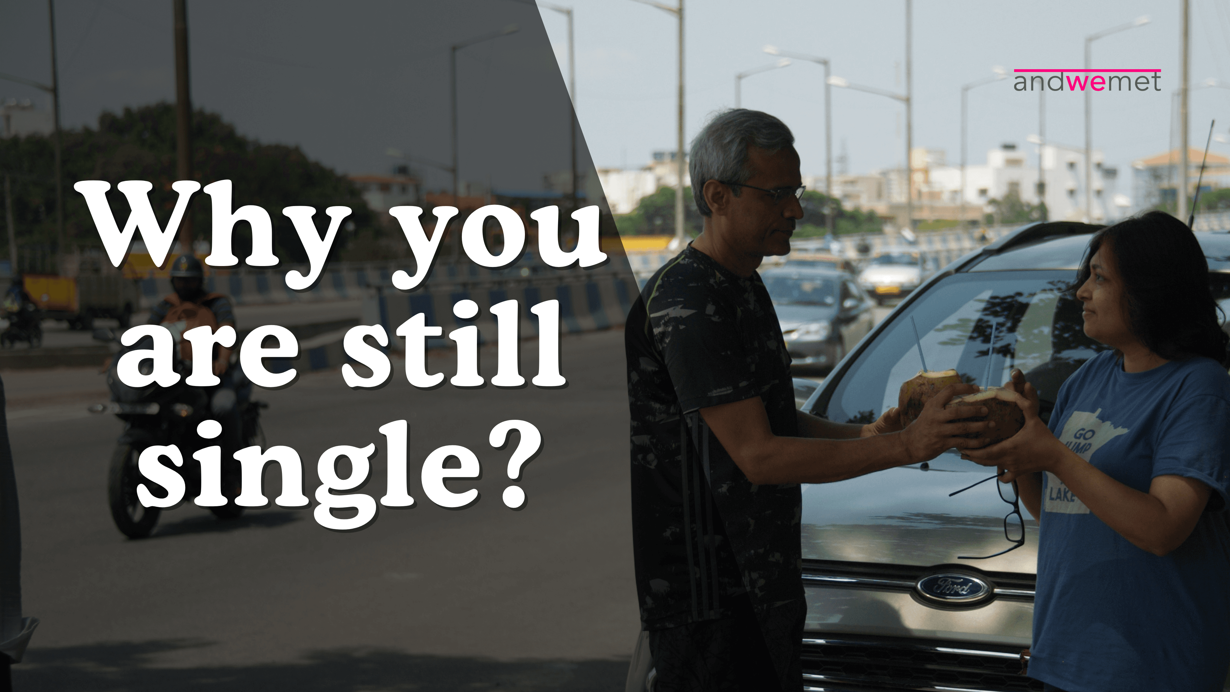 Couple meeting and talking by car on busy street representing real-world connections beyond restrictive dating filters - andwemet blog