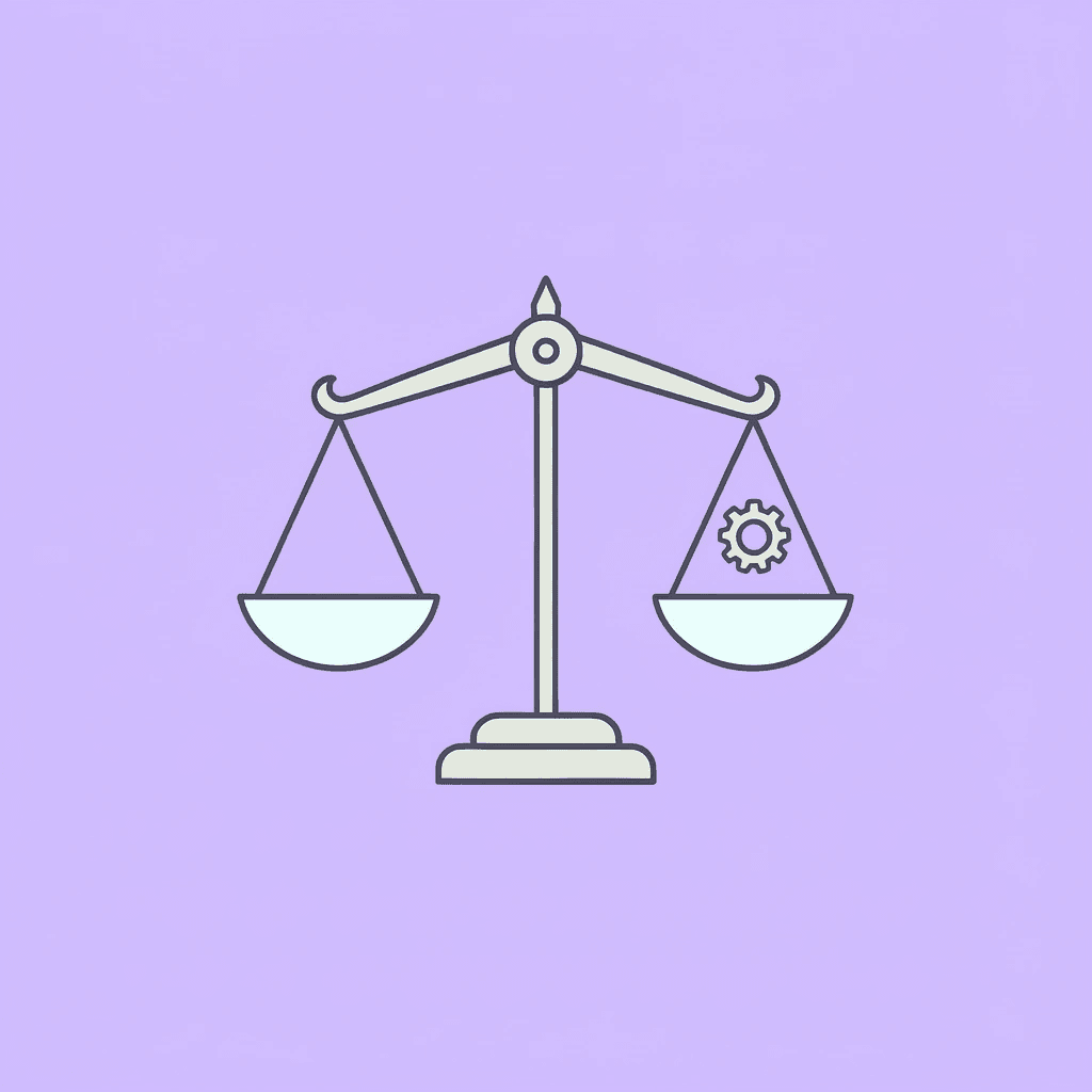 Balance scale with Quality Metrics on one side and Efficiency Metrics on the other, showing equilibrium