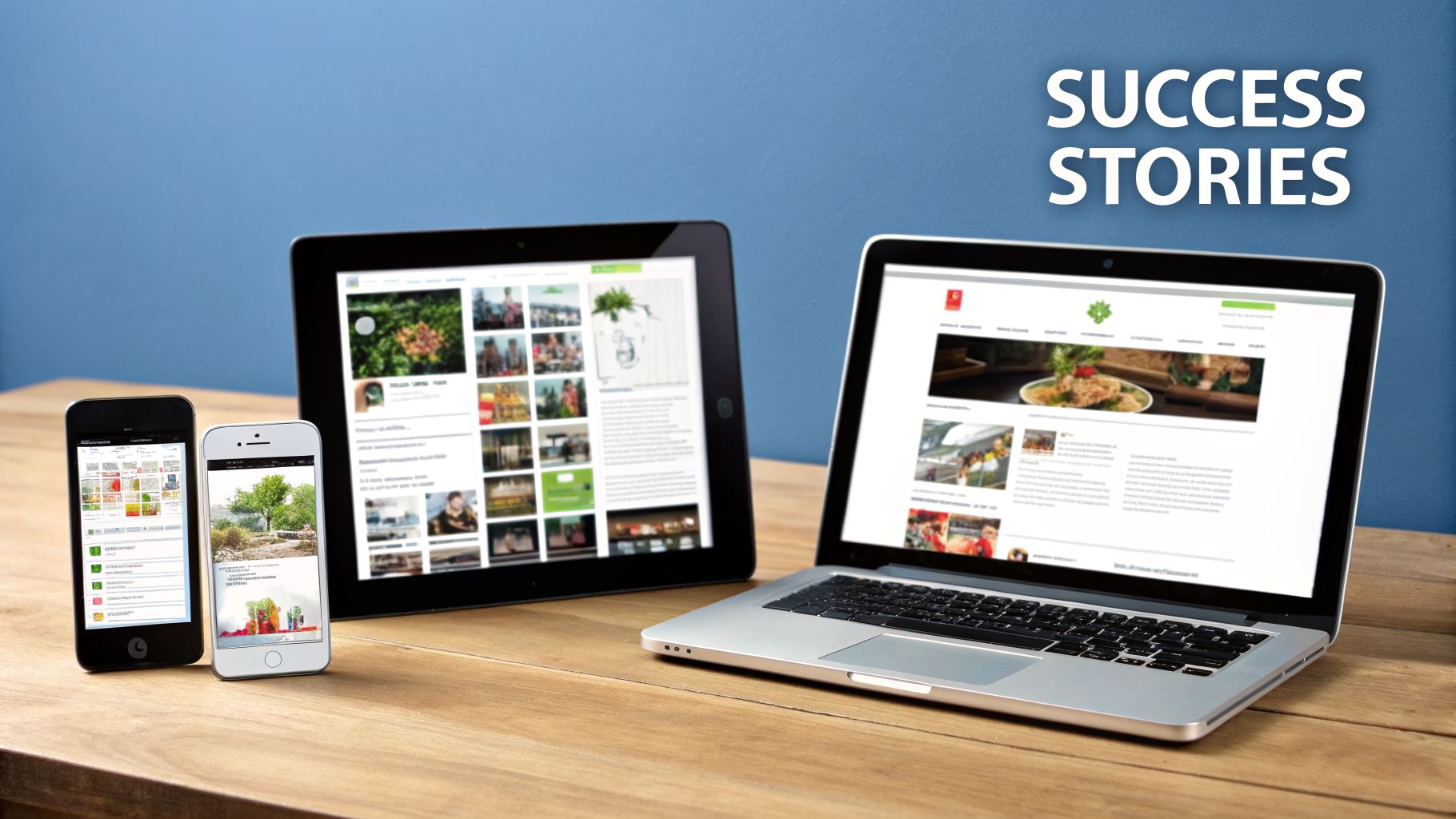 Multiple digital devices (laptop, tablet, smartphones) displaying websites on a wooden desk with a blue background.