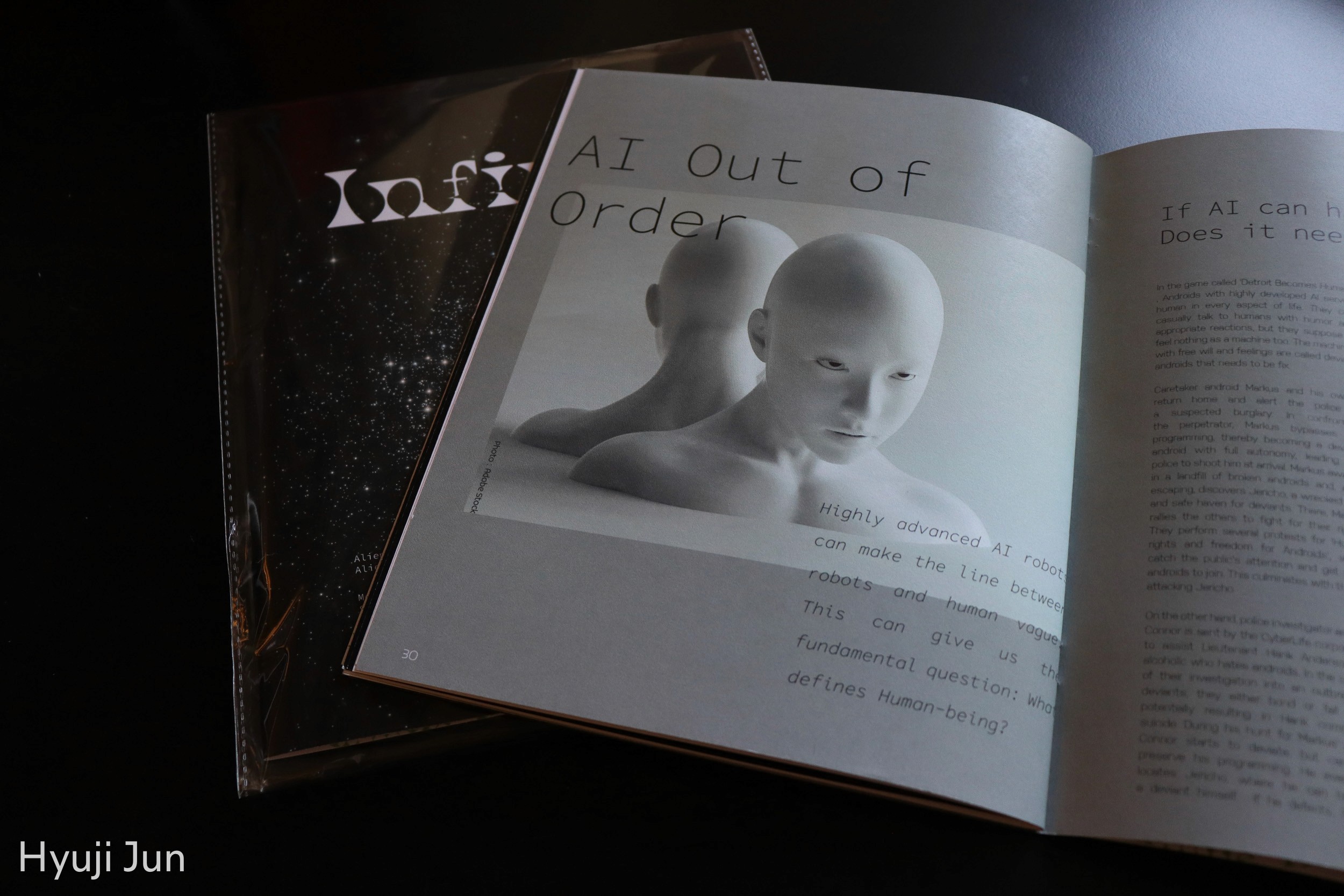 Magazine spread in gray colors, by Hyuji Jun