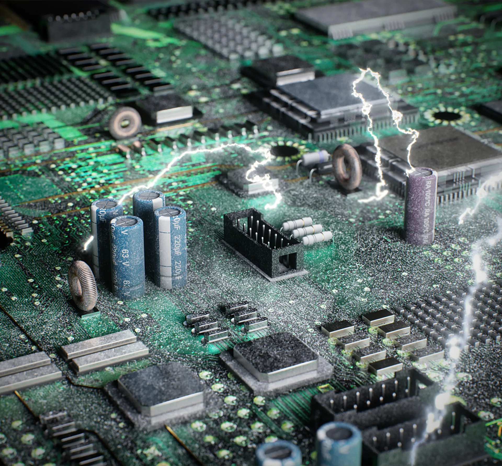 Graphic of electrical discharge over a printed circuit board (PCB). Nunair evaporative humidifier provides clean humidification without the worry of white dust, ensuring the safety of sensitive electronic equipment.