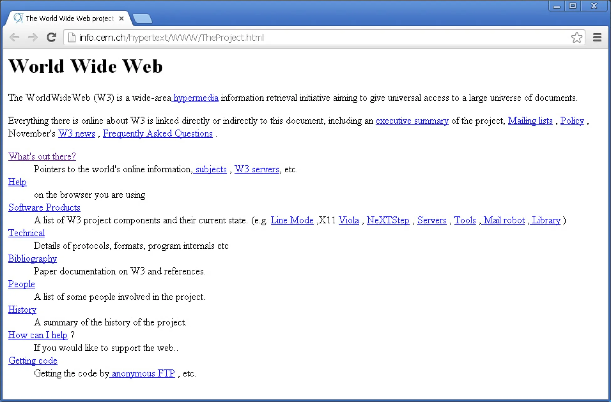 Screenshot of the first-ever website hosted by CERN, displaying the original World Wide Web project page with basic HTML, blue hyperlinks, and plain black text in a classic early browser interface.