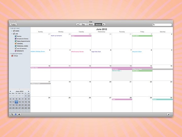 A calendar for June 2012 is displayed on a computer screen. The calendar shows all days of the month, with days of the week listed at the top and dates listed below. Color-coded boxes indicate events or appointments, such as “+ Baby’s Birthday,” “+ Performance Review,” and “+ get kitty food.” The calendar interface includes a toolbar with calendar controls and a sidebar with additional calendar options. The background is light orange with radiating lines.