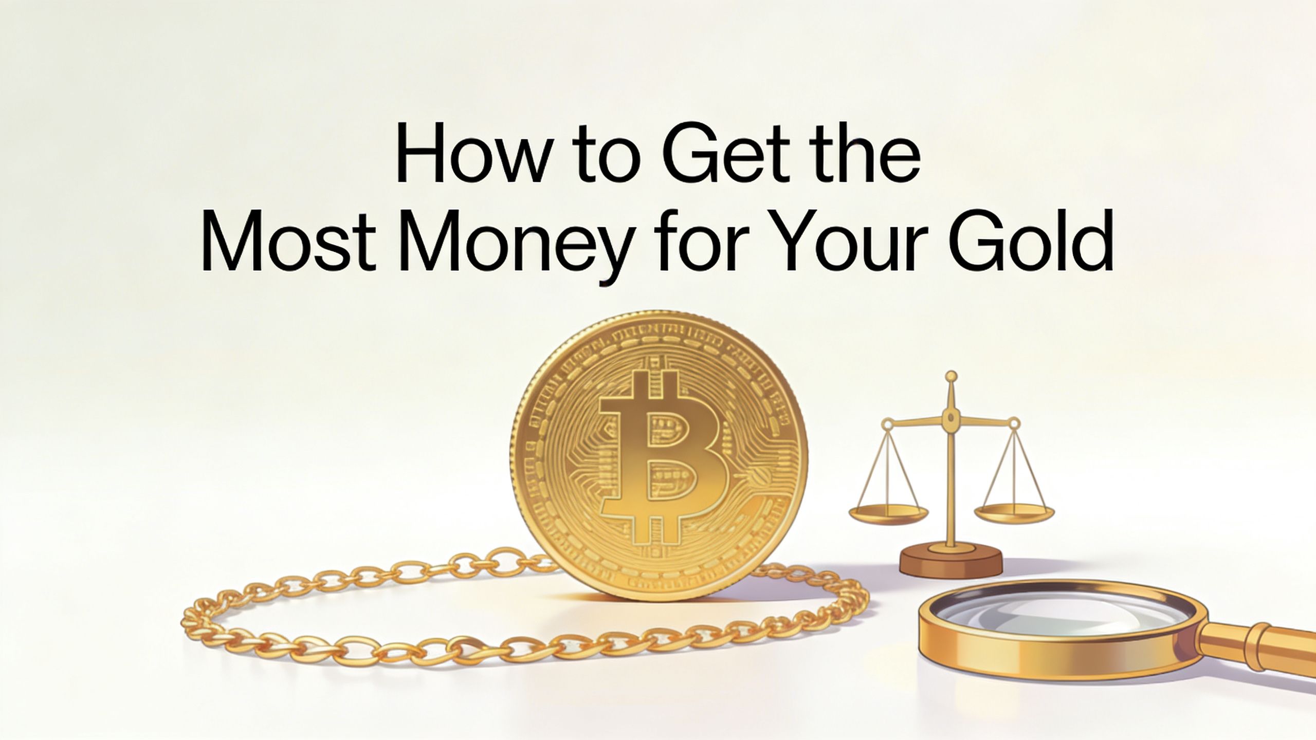 A golden Bitcoin coin, a chain, scales, and a magnifying glass on a neutral background.