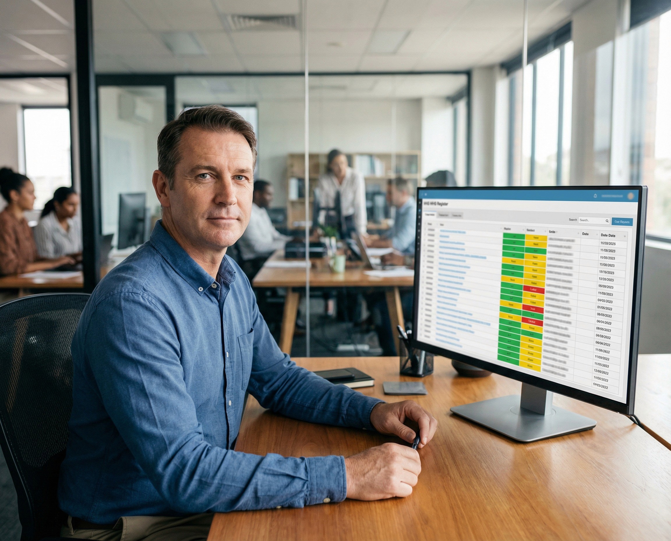 A senior WHS manager in his late 40s sitting at his desk in a glass-walled office, one hand resting on the desk, the other holding a pen loosely, looking at a wide monitor with the steady, proprietary expression of someone reviewing a register they trust — the look of an owner checking on something that is current, complete, and his responsibility. The monitor shows a structured register interface with rows, team and location columns, coloured status indicators, and review date fields — visible in structure but not legible. 