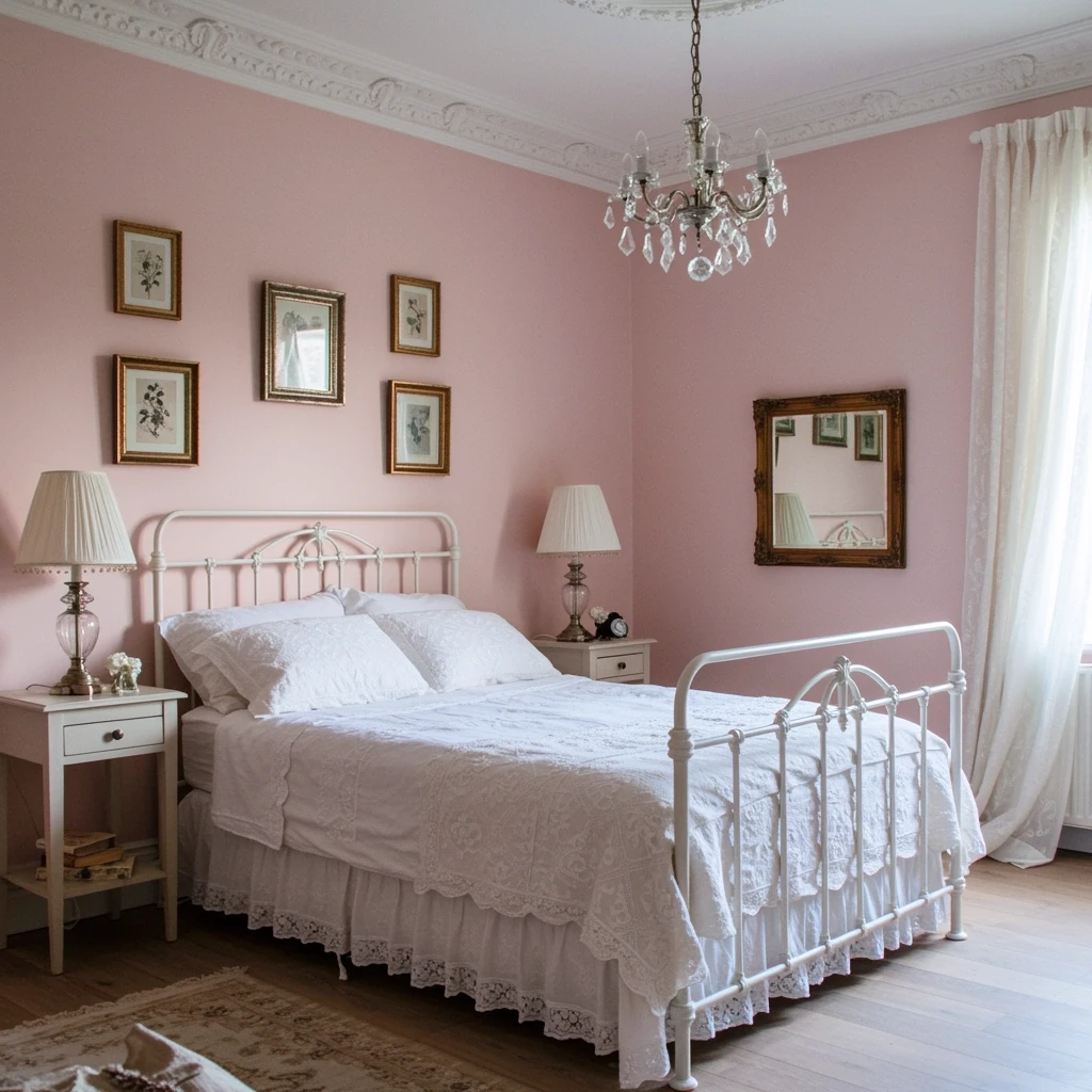 Romantic vintage bedroom with soft pink walls, an ornate white metal bed frame, delicate lace bedding, classic nightstands with pleated lamps, and a crystal chandelier, creating a charming and nostalgic atmosphere.