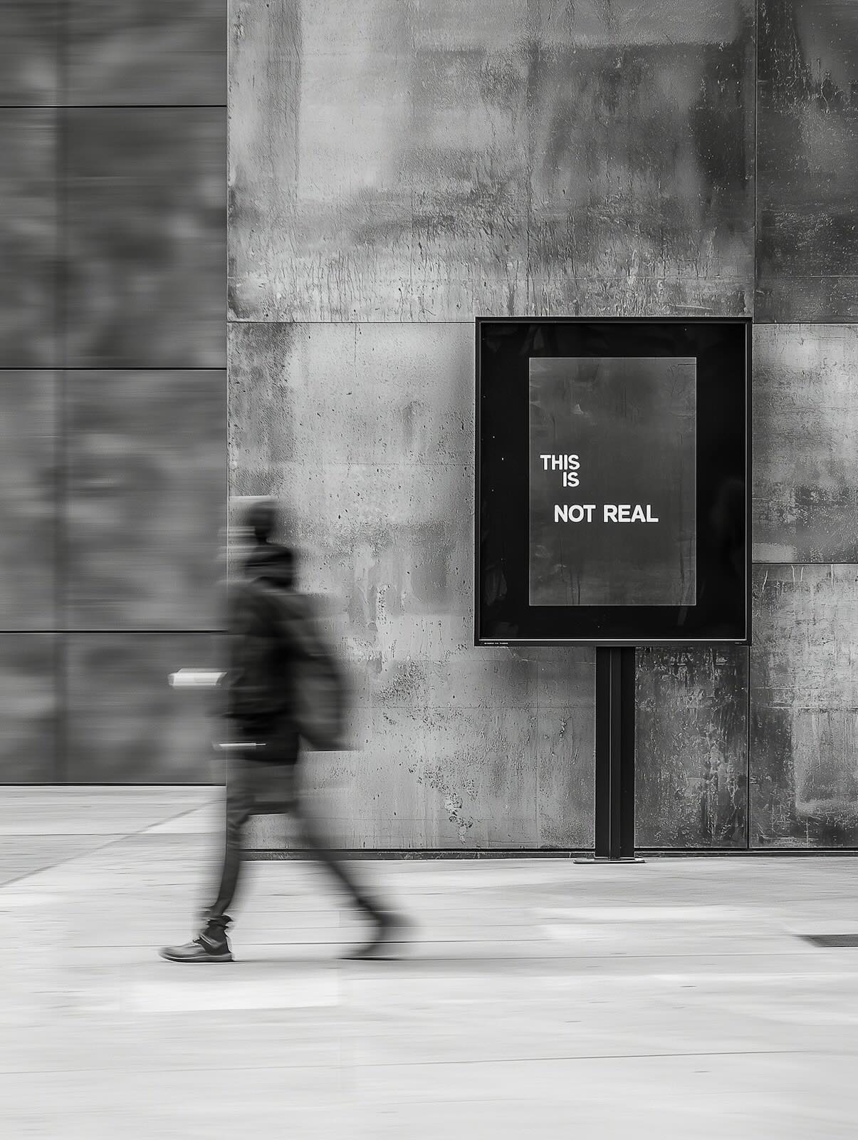 Black-and-white street scene with a blurred pedestrian passing a wall-mounted poster that reads “THE NOT REAL.”