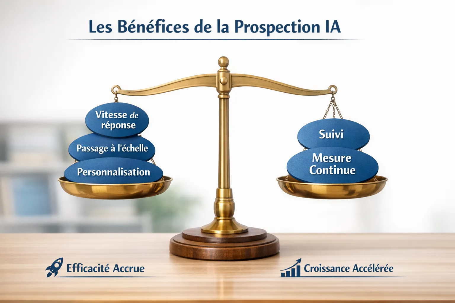 Schéma simple des bénéfices de la prospection IA, avec une balance illustrant vitesse de réponse, passage à l’échelle, personnalisation, suivi, et mesure continue.