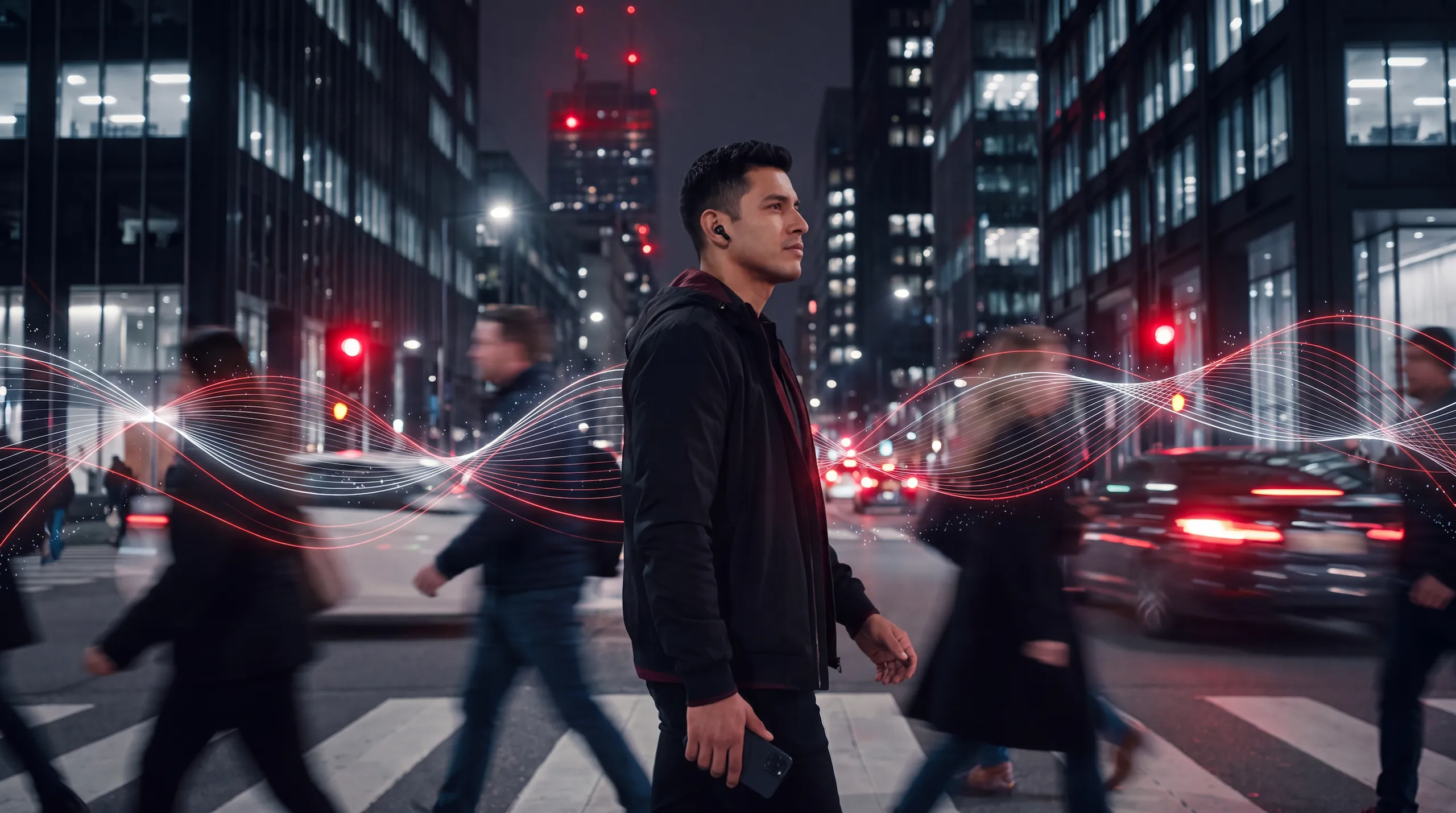 Hombre caminando por una avenida urbana de noche con visualización de señales digitales y conectividad de red.