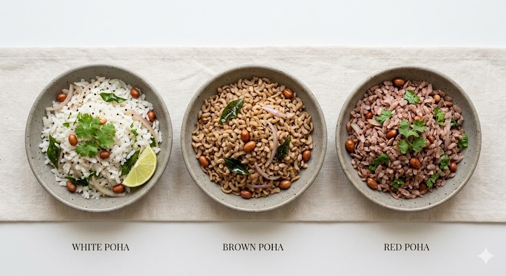 A top-down view of three grey ceramic bowls on a beige linen runner, comparing White Poha with cilantro and lime, Brown Poha with roasted peanuts, and Red Poha with red onion slices, all on a white background.