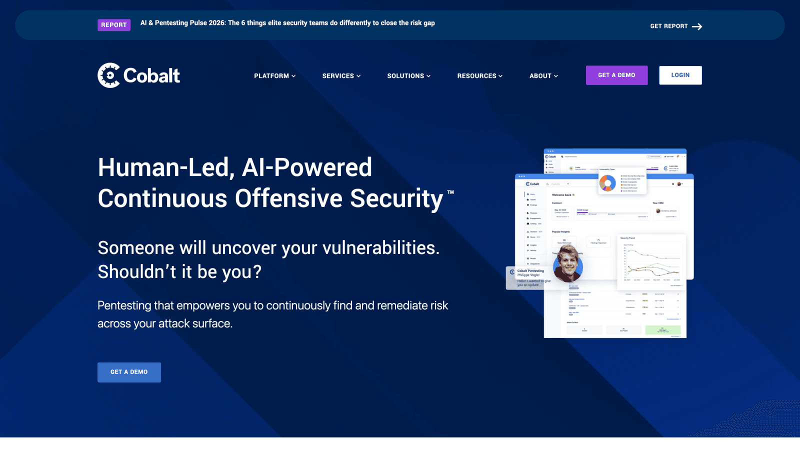 Cobalt homepage with the headline Human-Led, AI-Powered Continuous Offensive Security