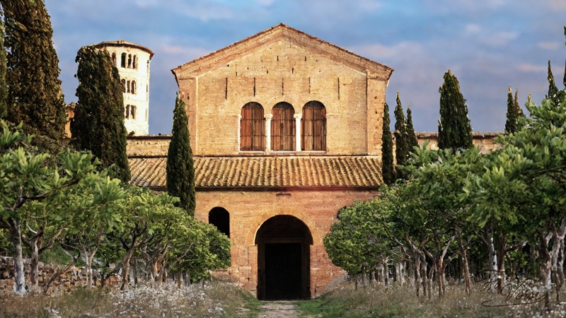 Sacred artwork by Faith and Verse. © Faith and Verse, 2026. All rights reserved. The Basilica of Sant'Apollinare in Classe, Ravenna—the Benedictine abbey where Saint Romuald fled after witnessing his father's duel, seeking penitence and beginning his monastic conversion.