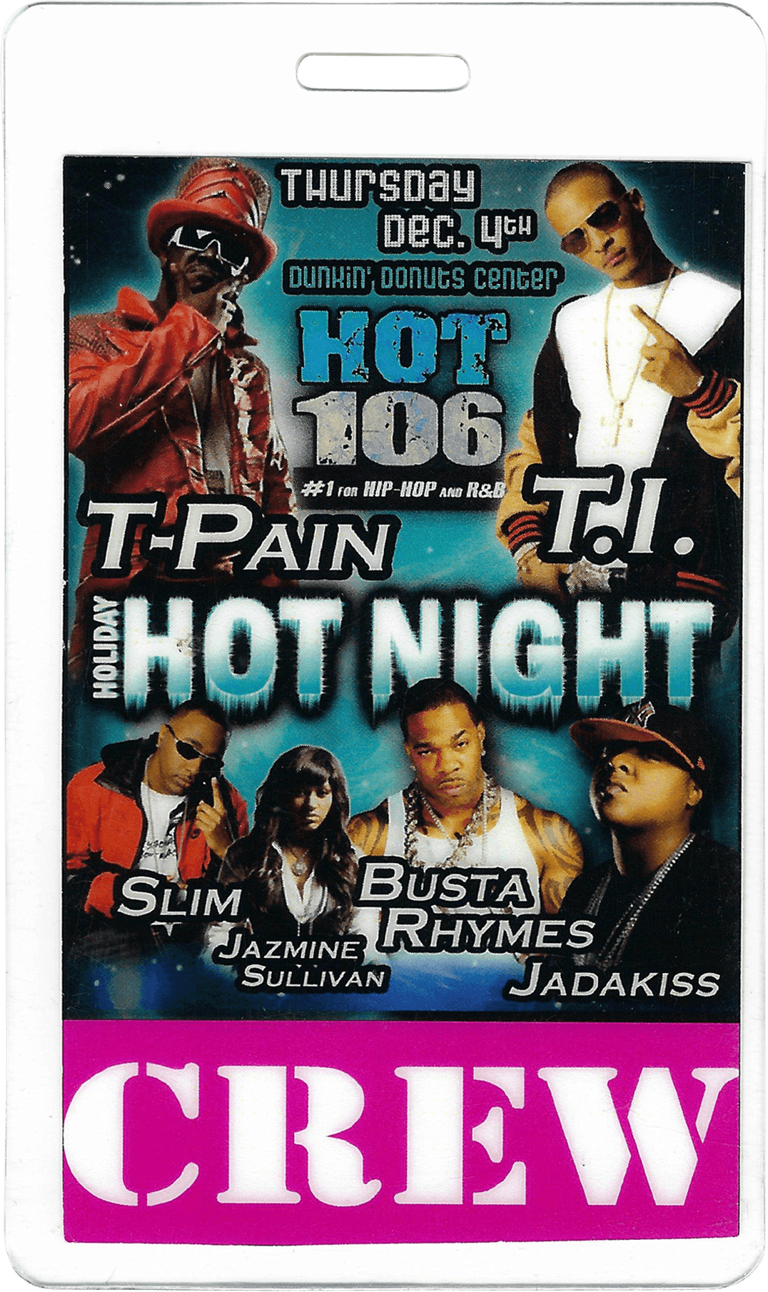 Backstage pass for an event titled "Hot Night," featuring multiple artists and the word "Crew" at the bottom.