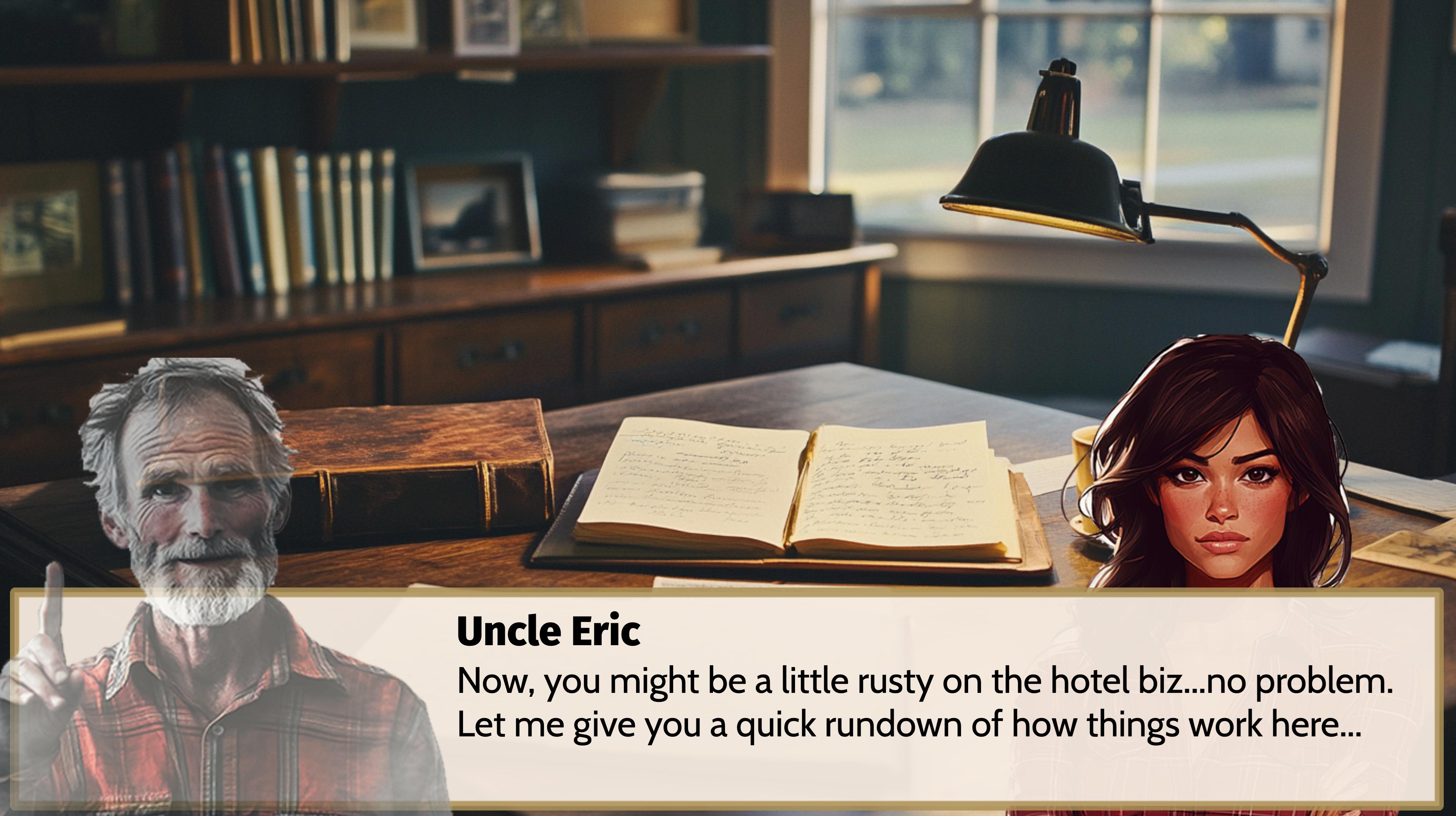 The in-game tutorial character, Uncle Eric, providing guidance in the hospitality management eLearning course for Texas State University.