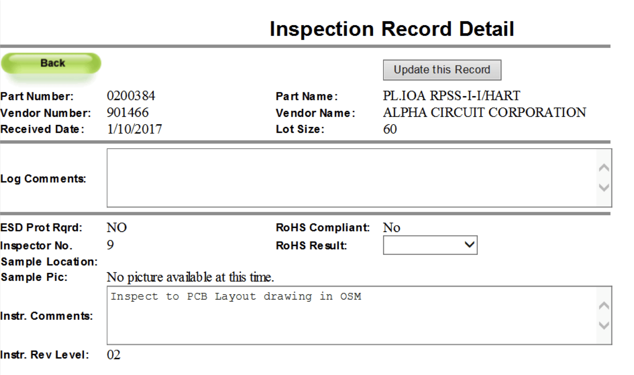 Screenshot of Phoenix Contact inspection record detail