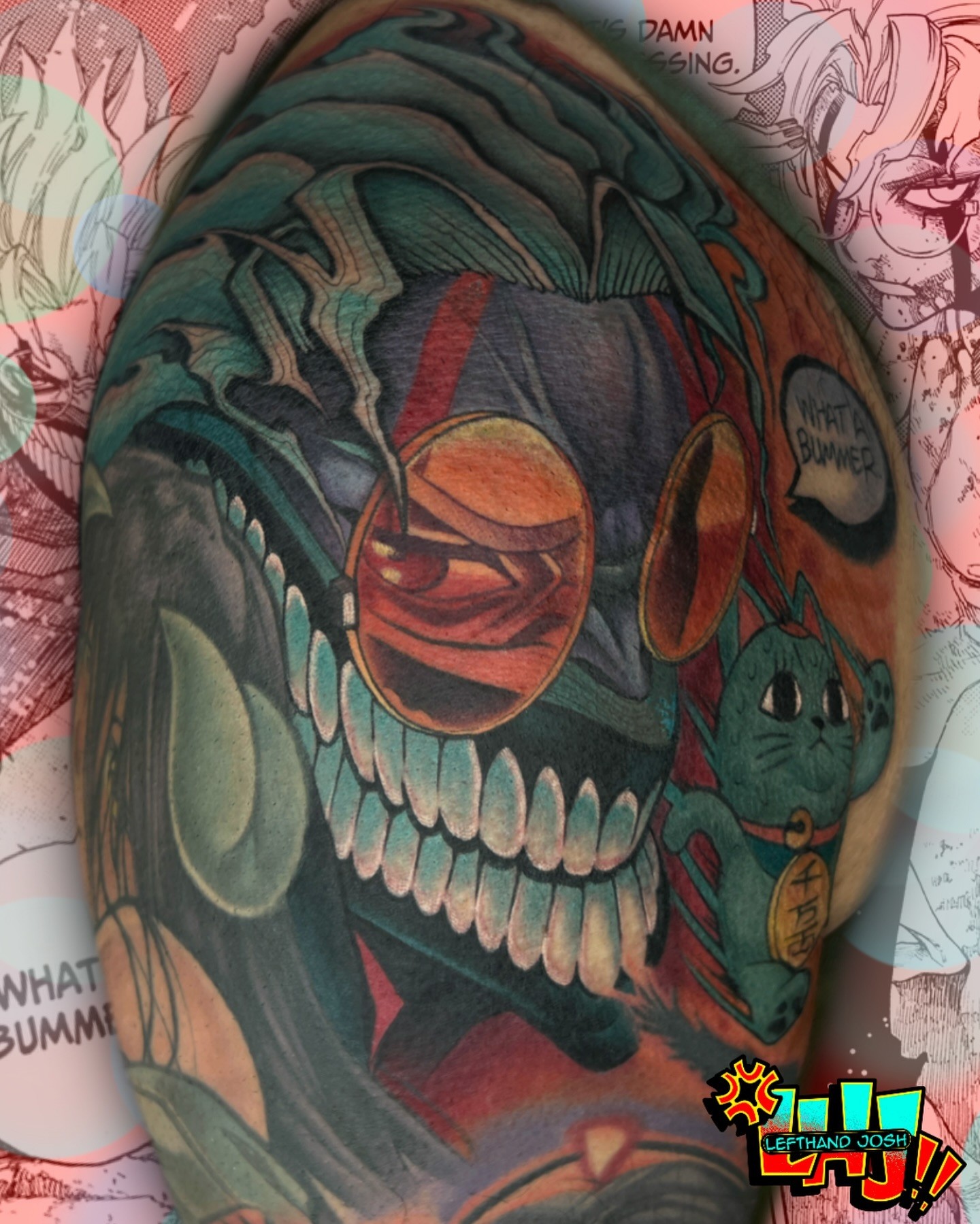 This stunning full-color tattoo brings Turbo Granny’s eerie and chaotic energy to life. The dynamic composition features Okarun in his iconic glasses with glowing red highlights, while Turbo Granny’s mischievous grin and exaggerated sharp teeth leap off the skin. The fluid, smoky background contrasts beautifully with the bold reds, creating a captivating sense of movement and chaos that perfectly embodies the spirit of Dandadan.