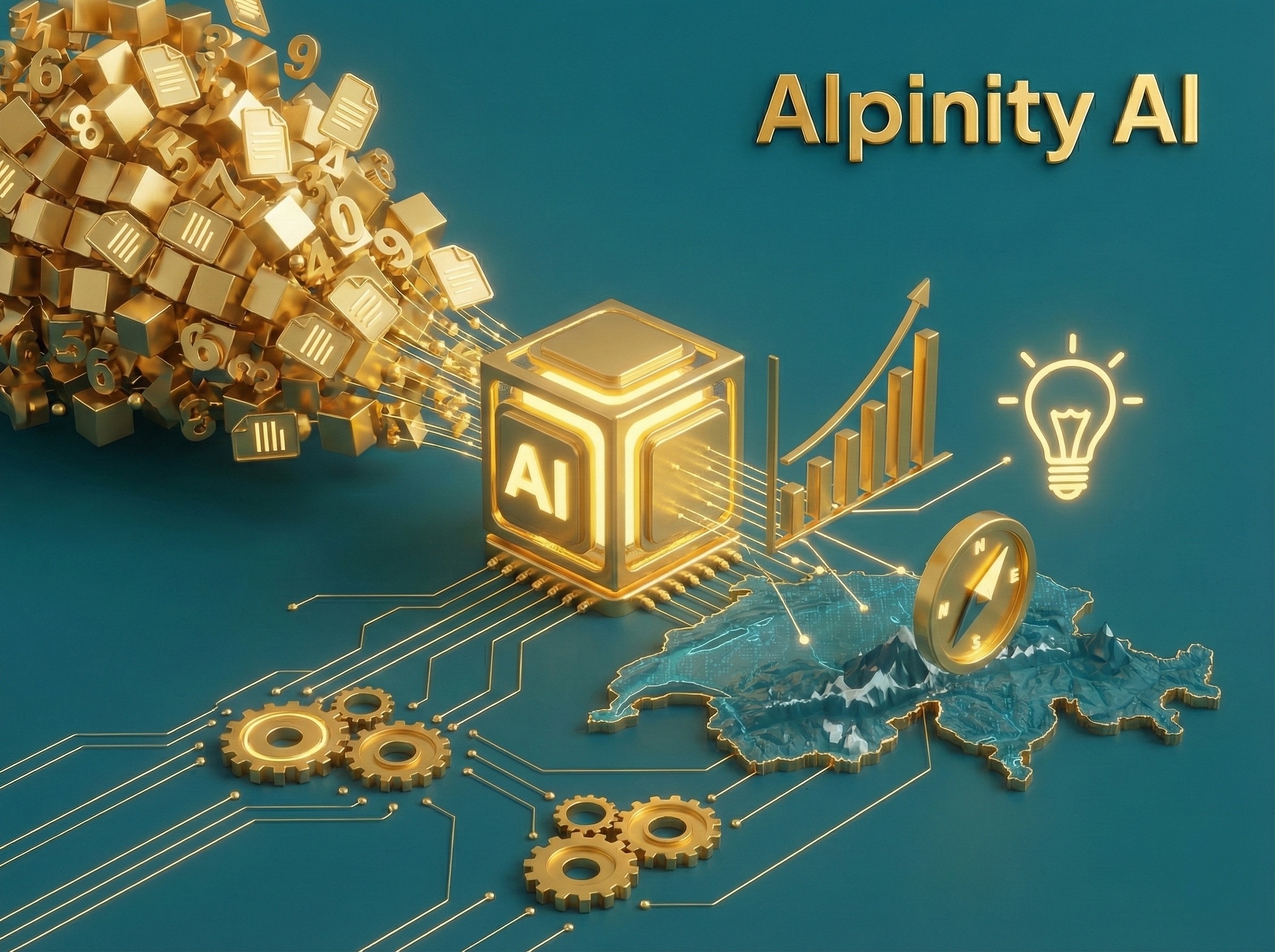 Rohdatenblöcke werden durch einen goldenen KI-Prozessor in Business Insights wie Diagramme und Kompass über einer Schweizer Karte umgewandelt.