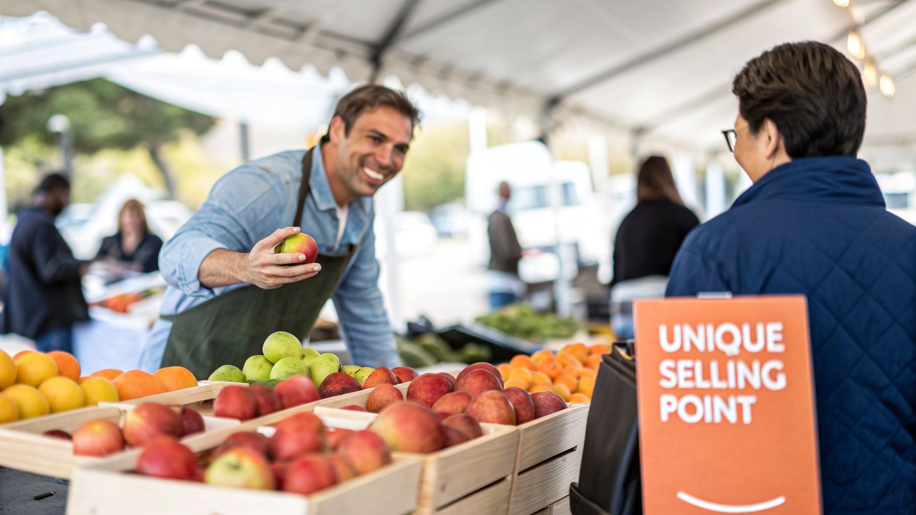 A smiling farmer's market vendor holds an apple, engaging with a customer among fresh fruit displays.