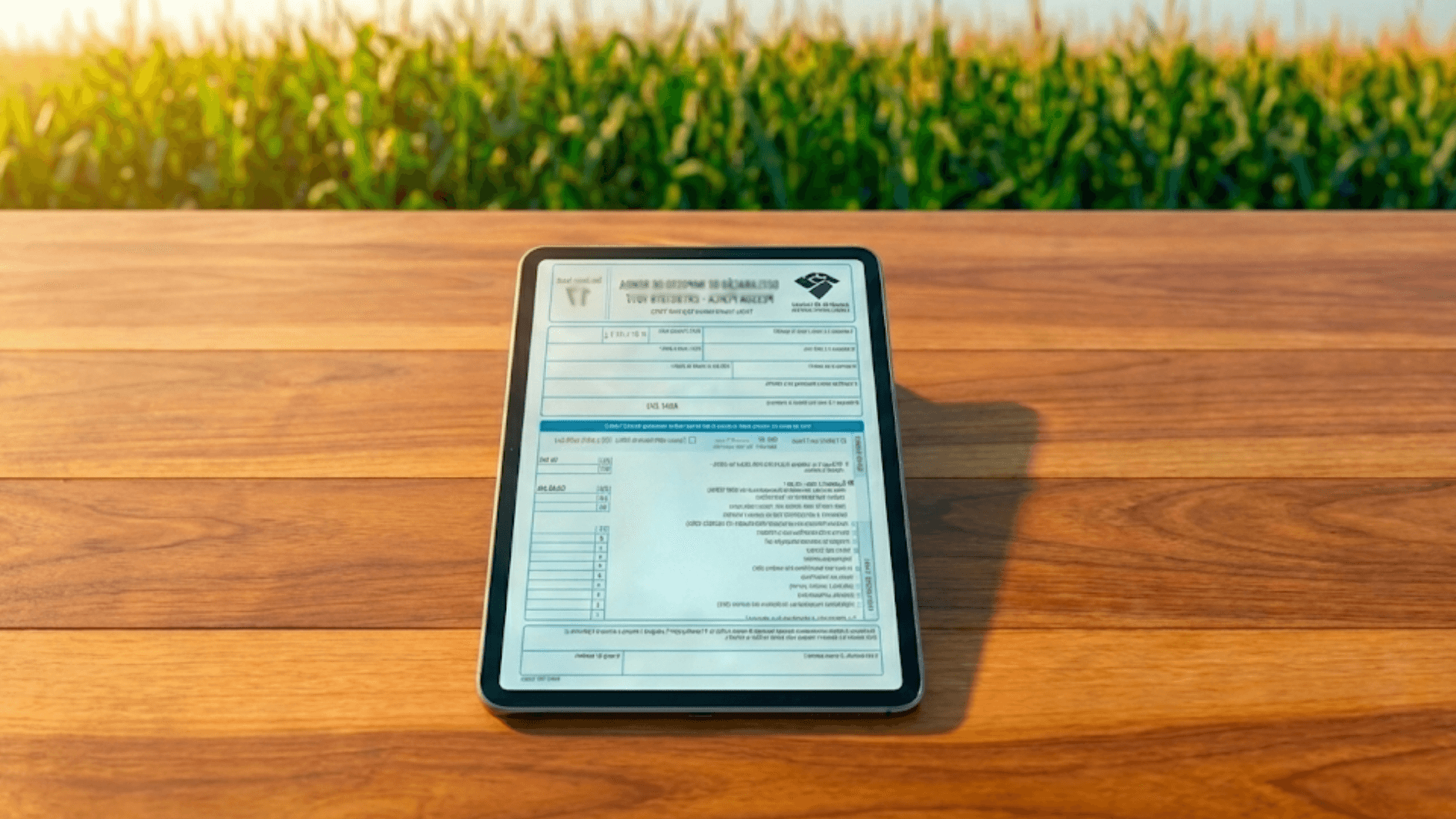 Tablet exibindo formulário de Imposto de Renda Rural sobre mesa de madeira, com lavoura ao fundo, representando organização de documentos e declaração para produtores rurais.