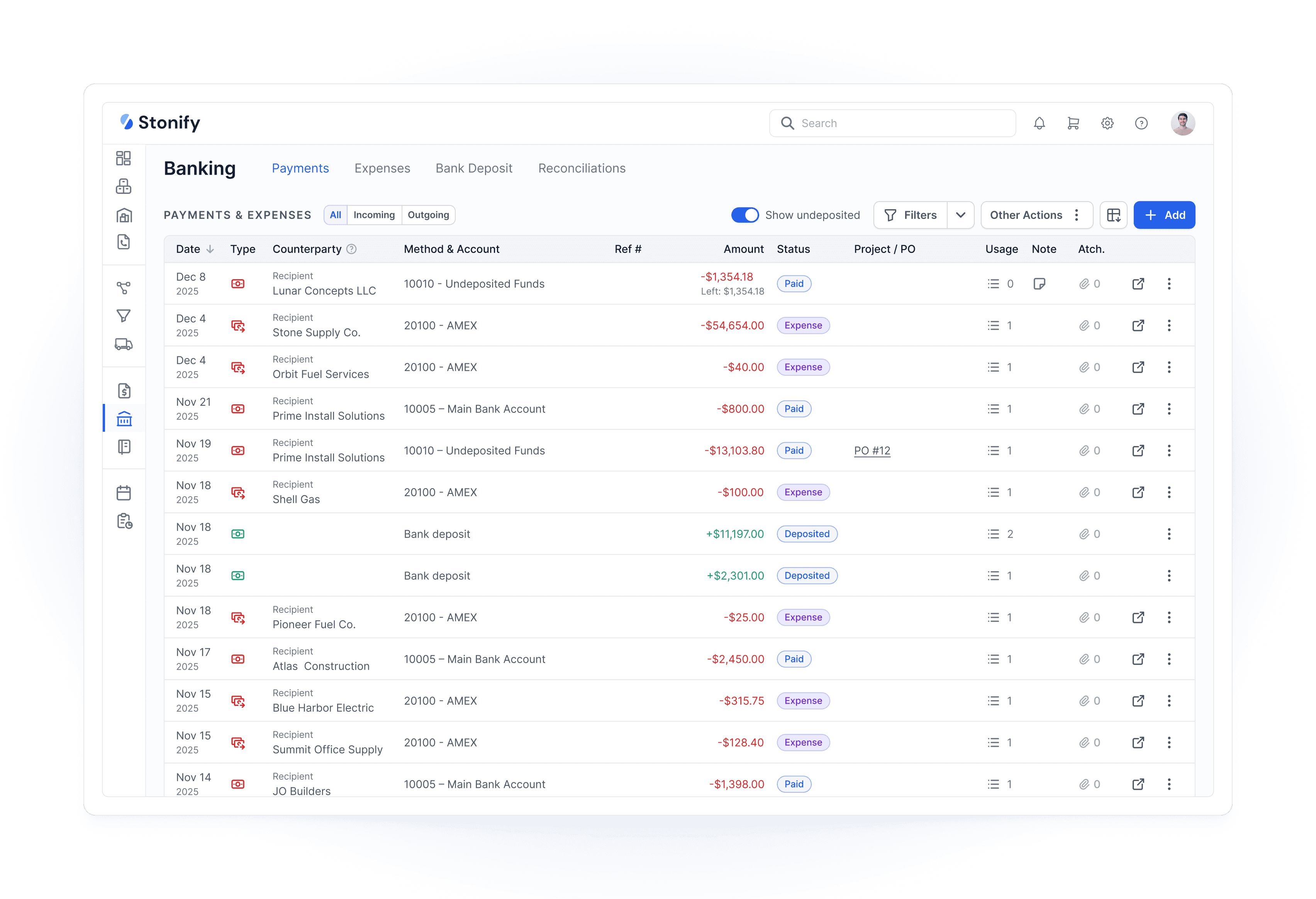Stonify Banking screen showing payments and expenses with transaction dates, accounts, amounts, statuses, and project links