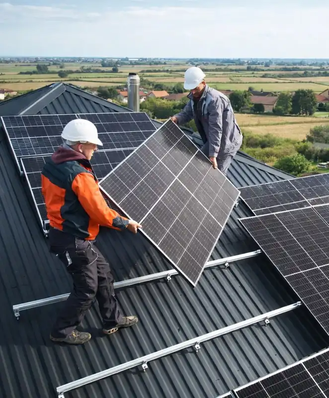 Installatori montano pannelli fotovoltaici sul tetto di una casa durante l’installazione di un impianto solare.
