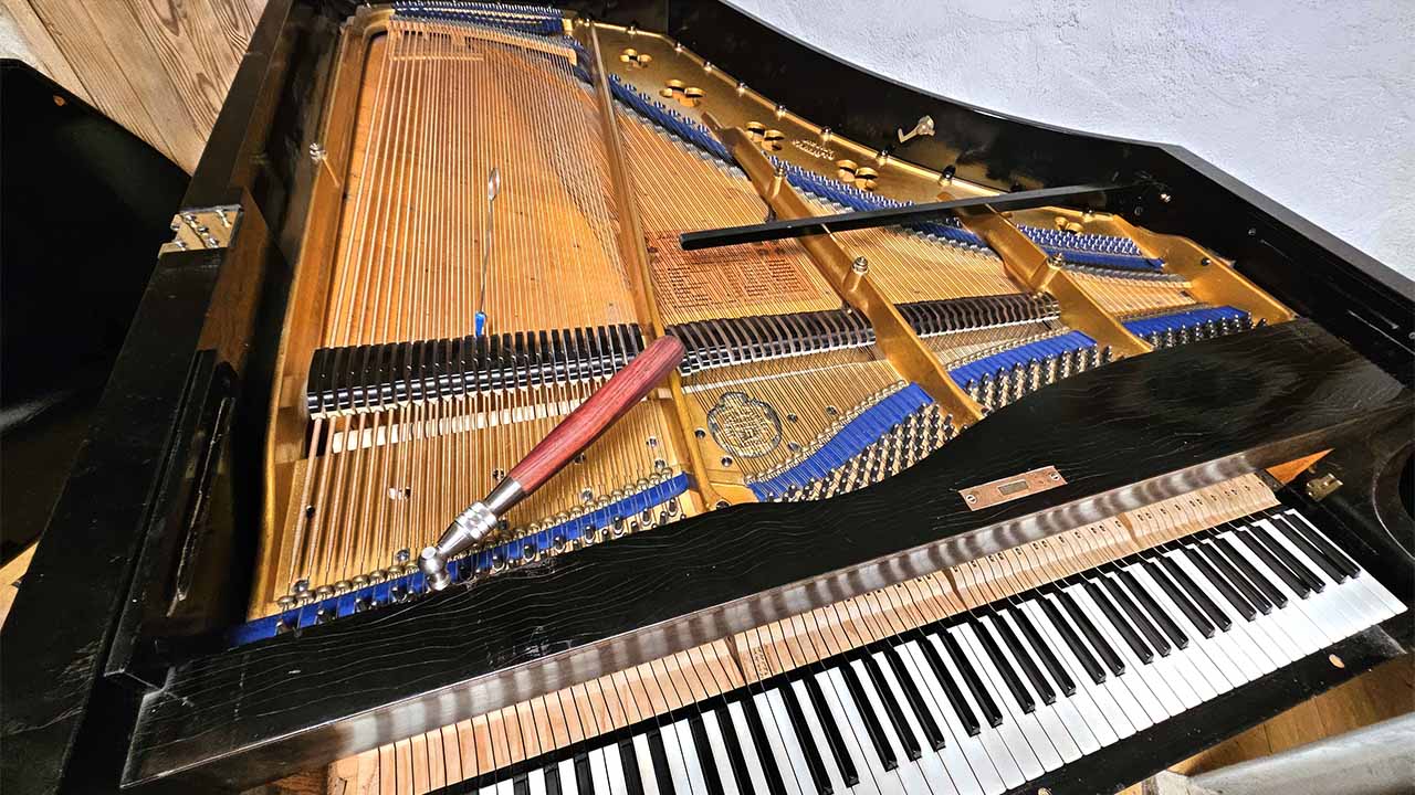 Flügel-Klavierinneres mit Stimmstiften und Saiten – professionelle Klavierstimmung