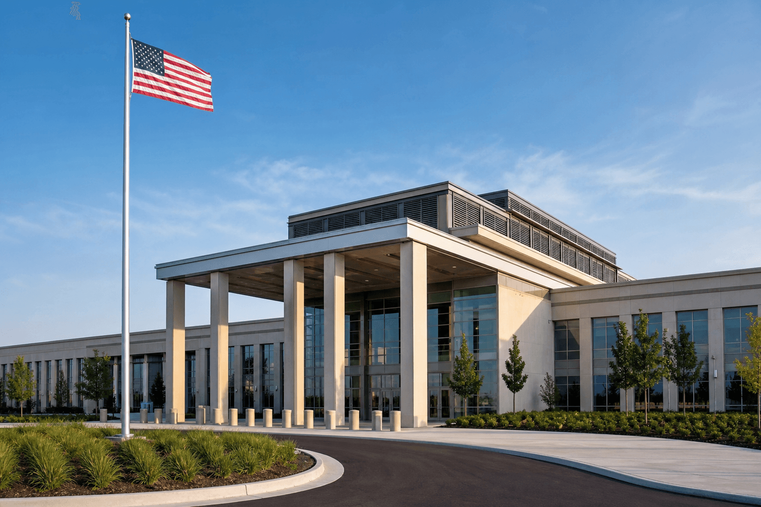 Government building entrance with American flag representing federal construction contracting
